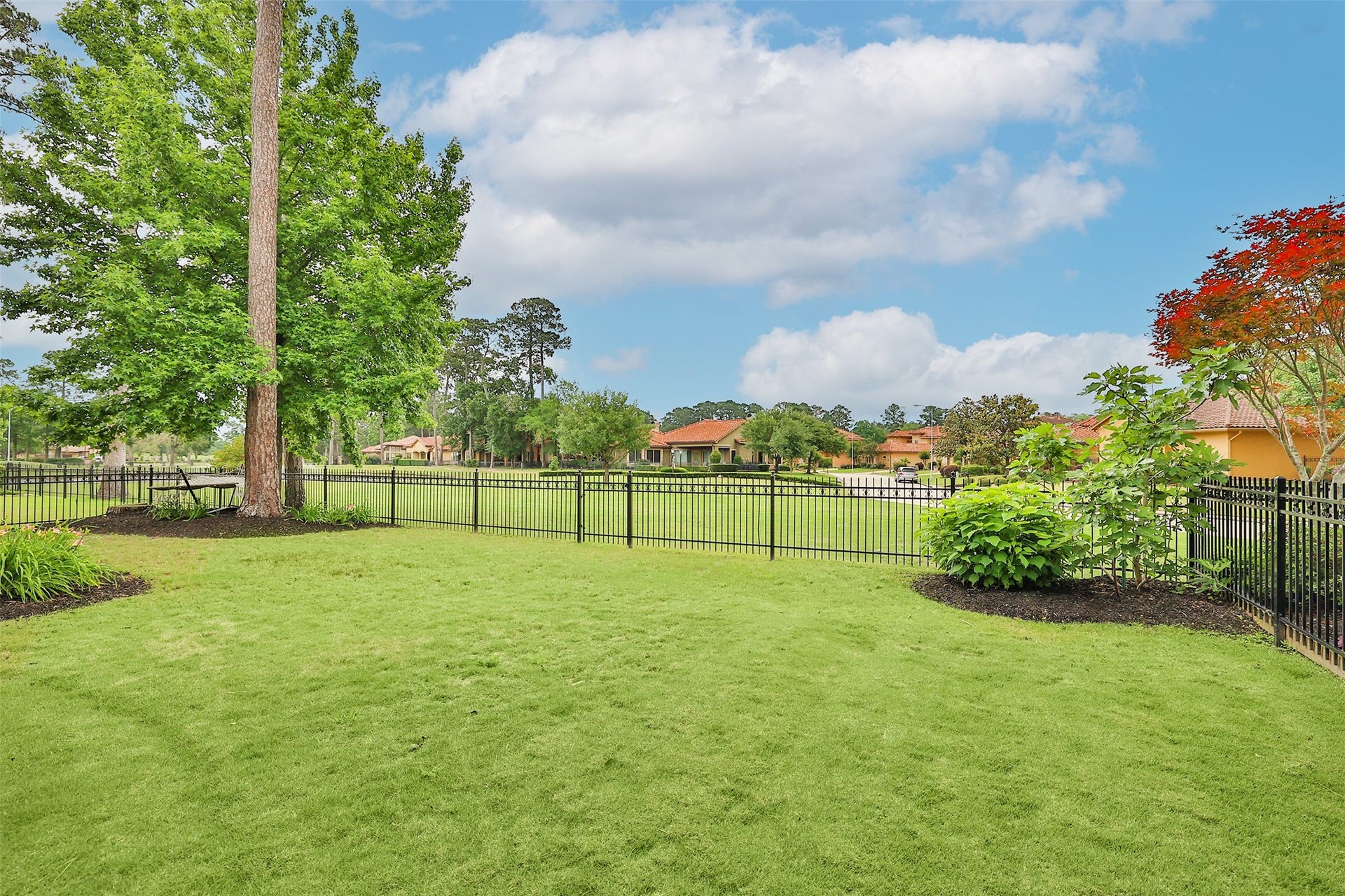 Spacious backyard with lush green grass, mature trees, and a black metal fence, offering a peaceful view of a well-maintained neighborhood under a clear blue sky.