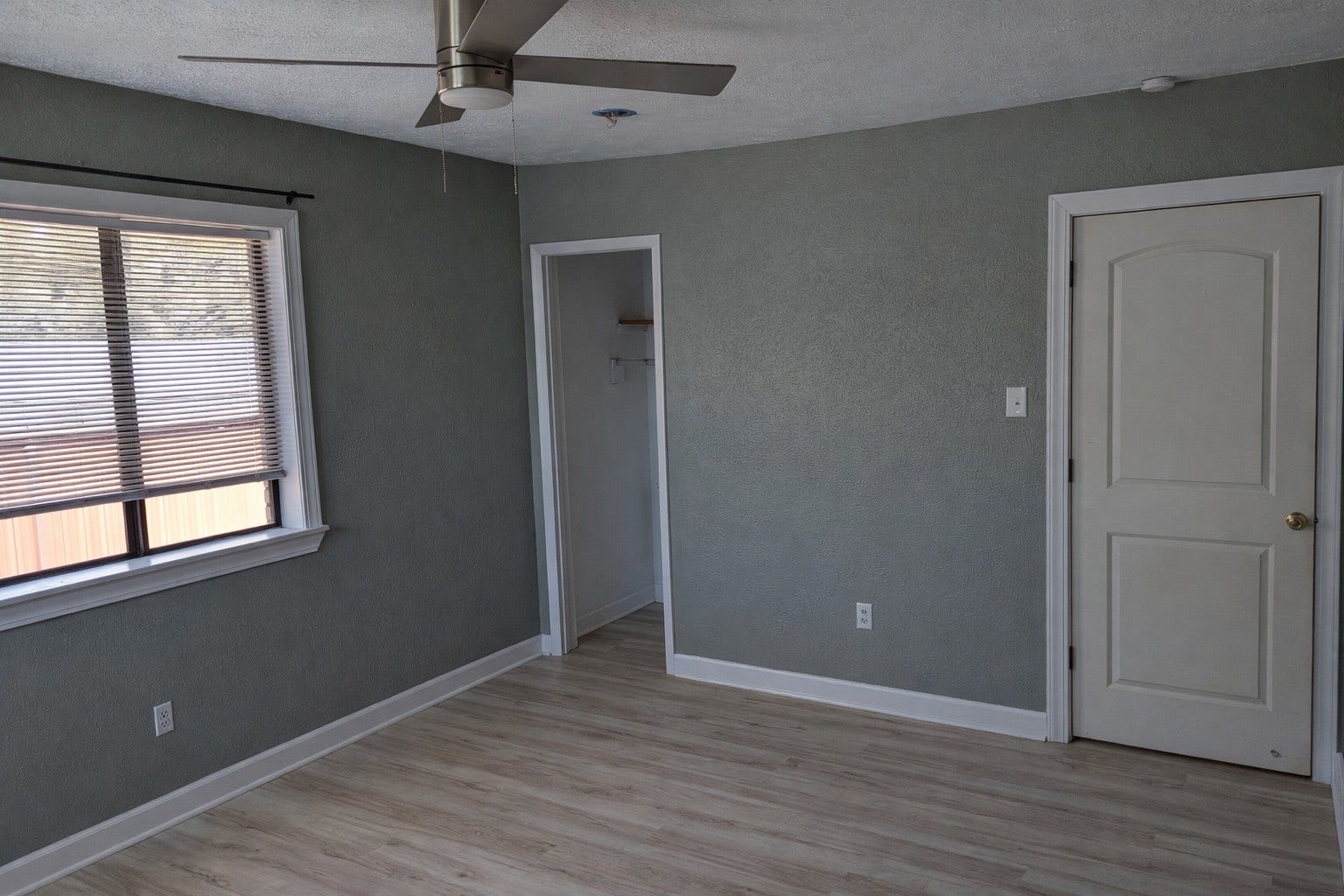 Spacious bedroom offering dark gray wall tones, light wood-look flooring, a modern ceiling fan, and built-in closet storage.