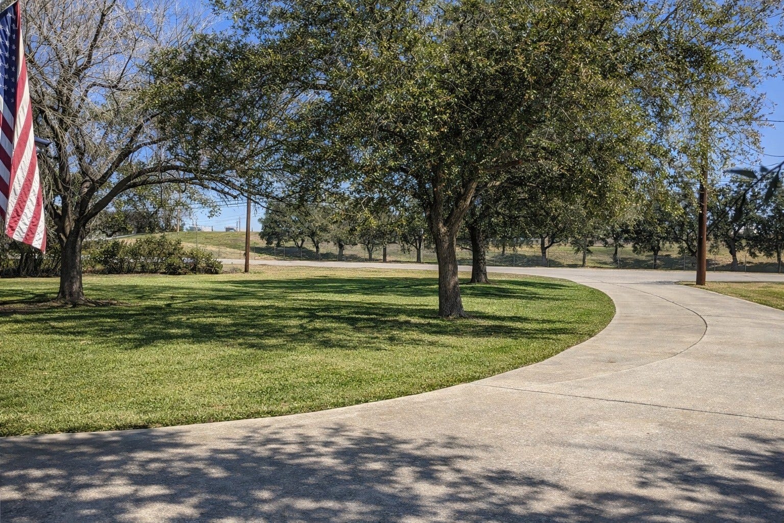Manicured front lawn offering a long concrete driveway and beautiful shade provided by mature trees.
