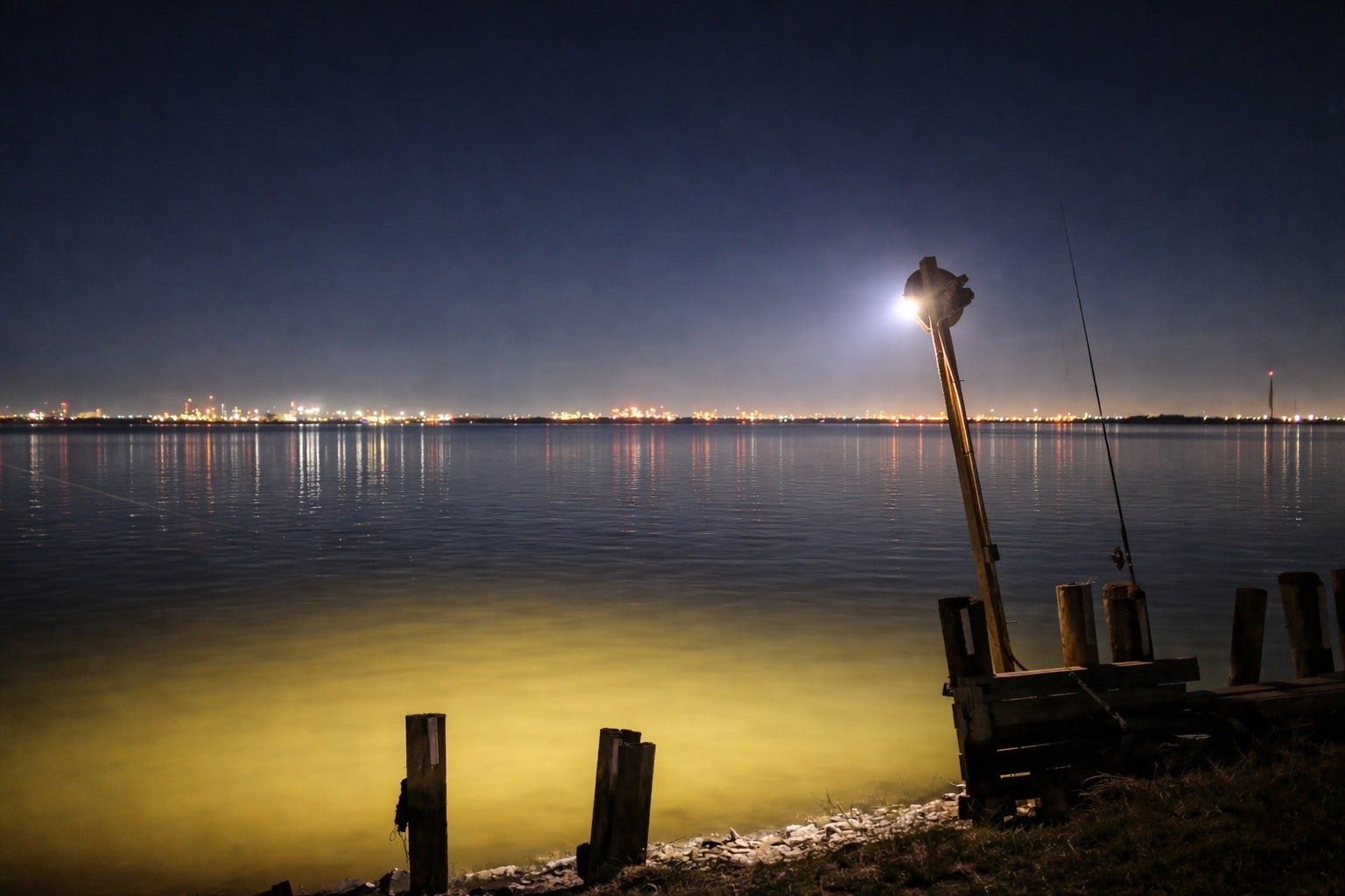 Evening shoreline view highlighting nighttime bulkhead illumination, glowing water reflections, and distant city lights across the bay.