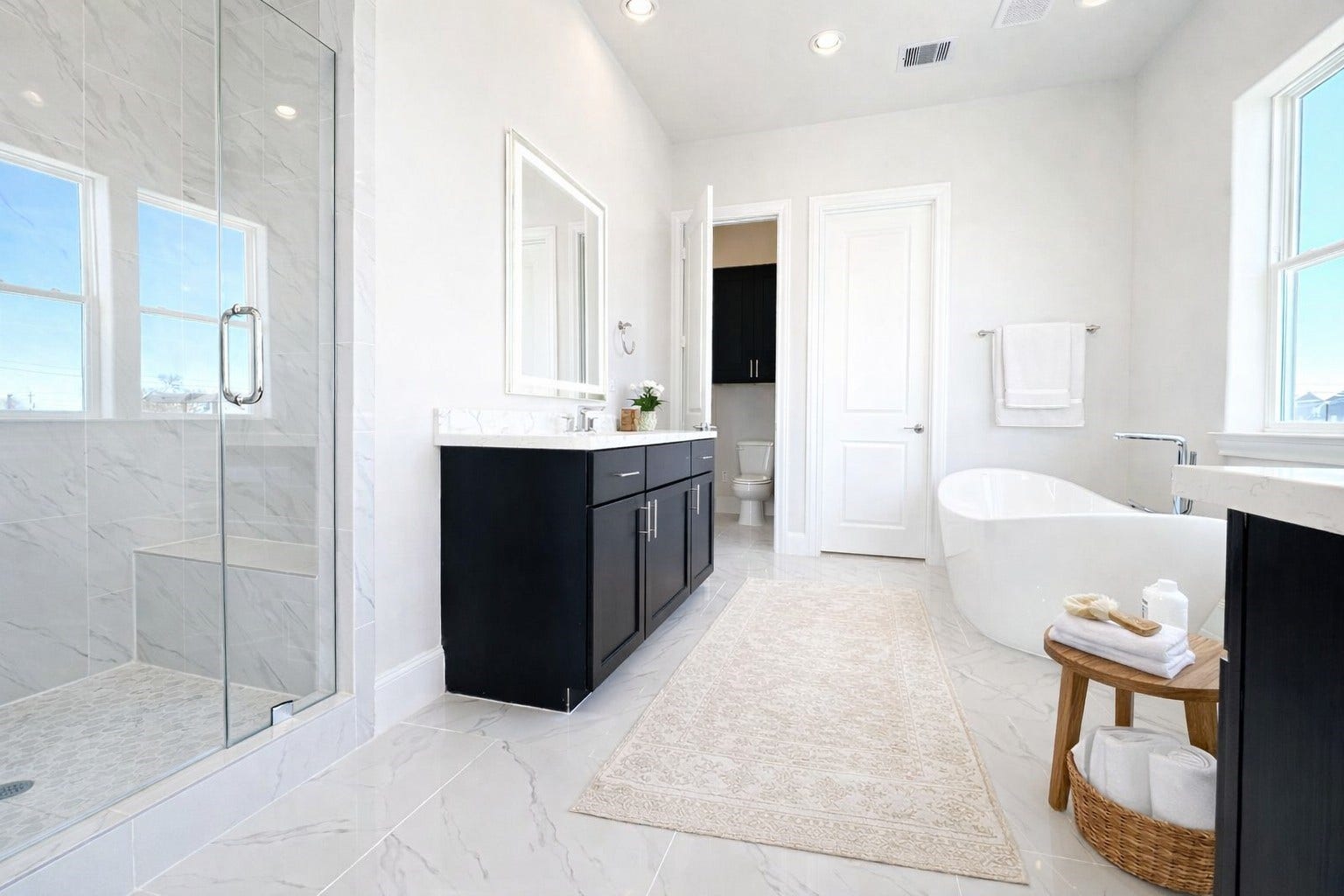 11061 Chatterton Drive, Houston, TX 77043 The naturally lit primary bathroom has separate shower and soaking tub. Virtual staging added.