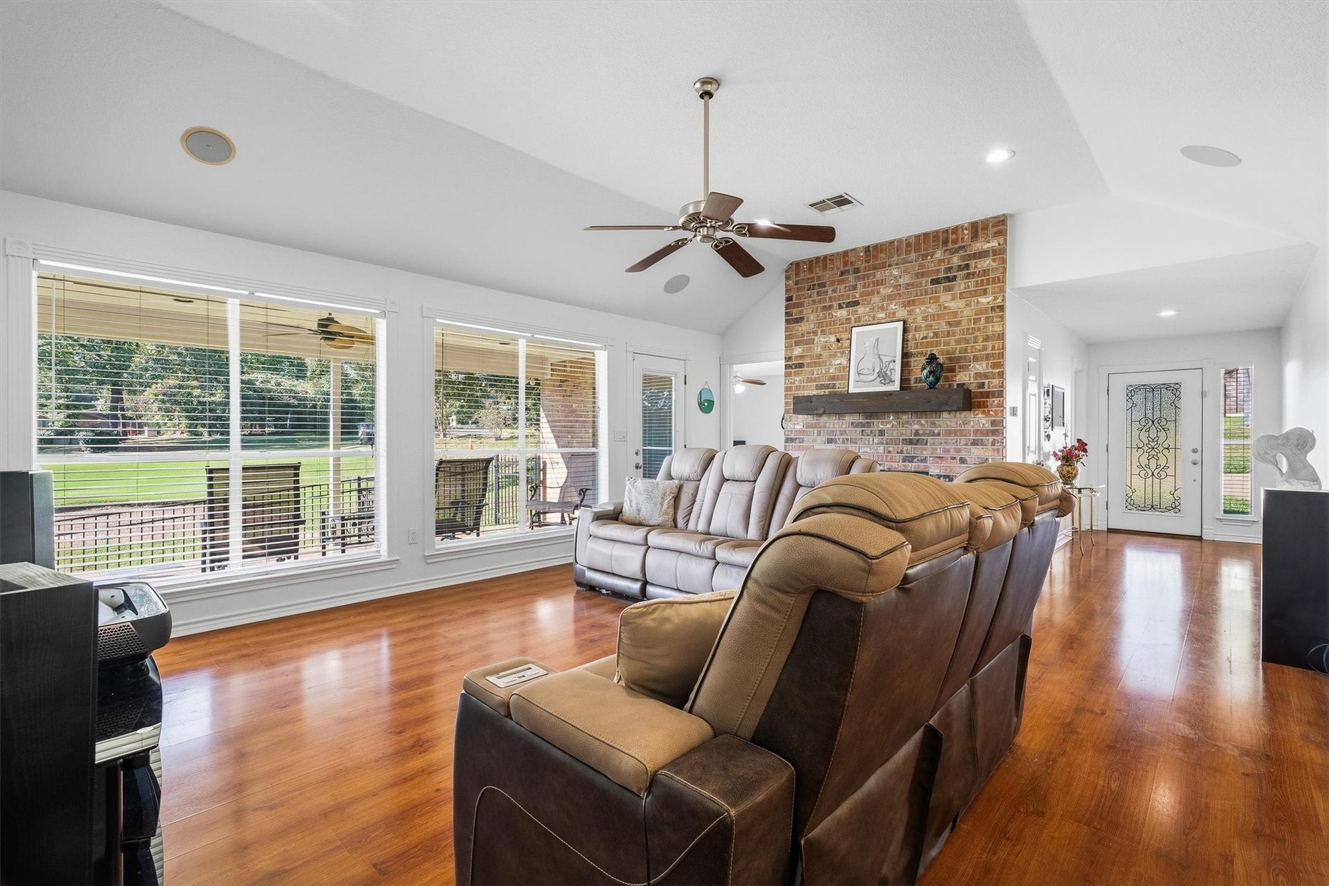149 Thunderbird Drive, Conroe, TX 77304 The living room is wired for sound with in-ceiling speakers, so movie nights and game days come with real surround sound.