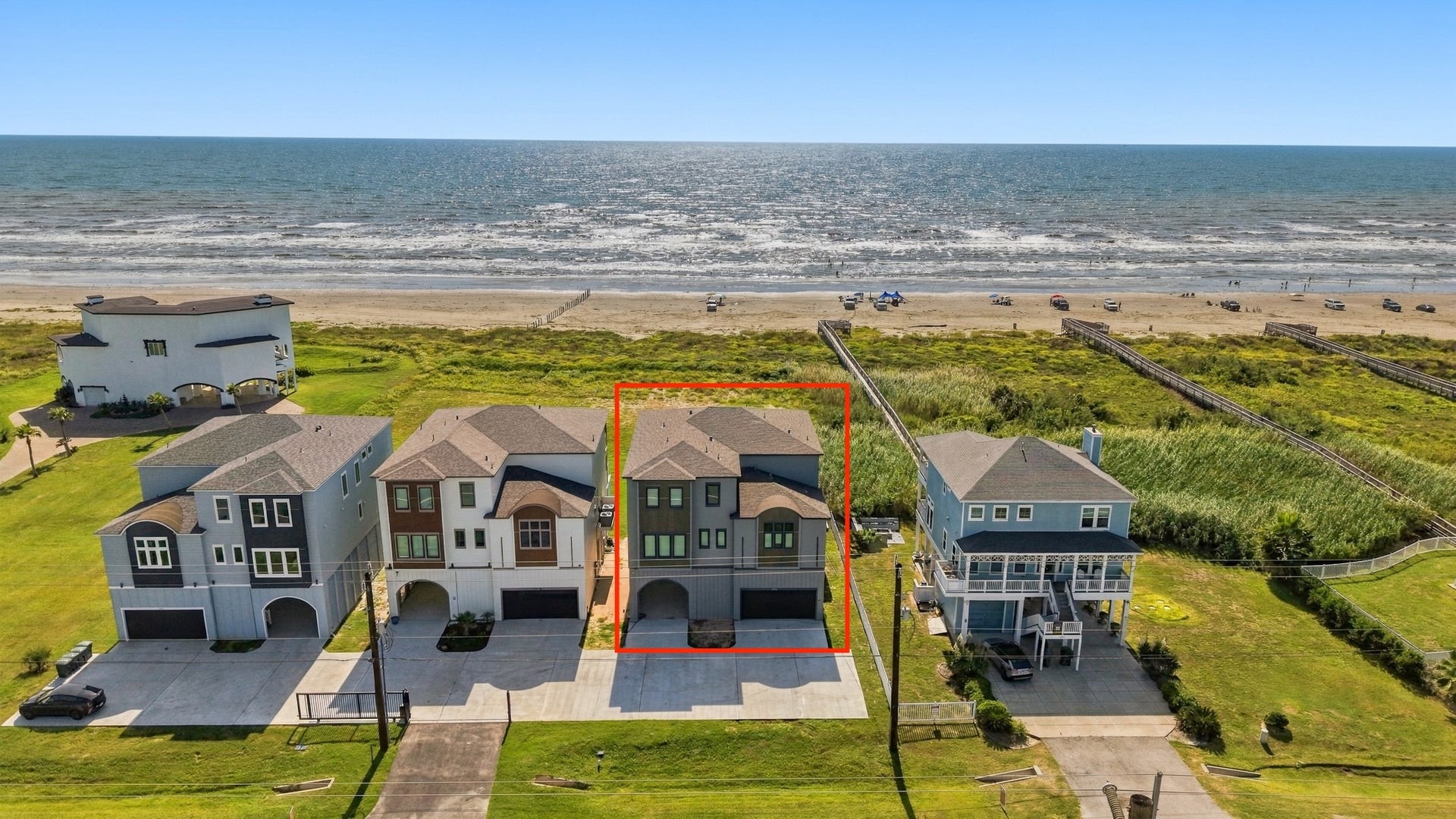 17211 Termini San Luis Pass Rd, Galveston, TX 77554 Aerial coastal setting
This aerial perspective highlights the homes position along Galvestons beachfront, with the dunes, sandy shoreline, and Gulf beyond. The highlighted home is shown within the surrounding coastal neighborhood; outlines are approximate.