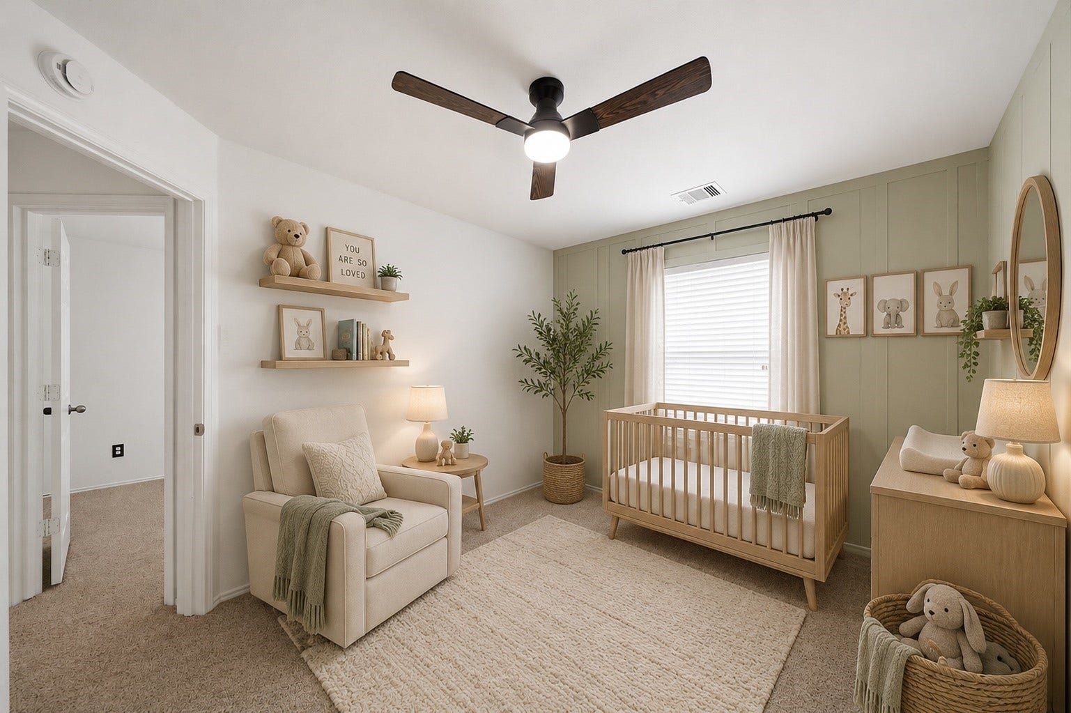 15435 Kaston Drive, Cypress, TX 77433 Soft neutral carpet flooring and a dark-blade ceiling fan complement the board-and-batten accent wall in this light-filled secondary bedroom. A wide window provides natural illumination, making the versatile layout comfortable for guests or personal use. This photo has been virtually staged.