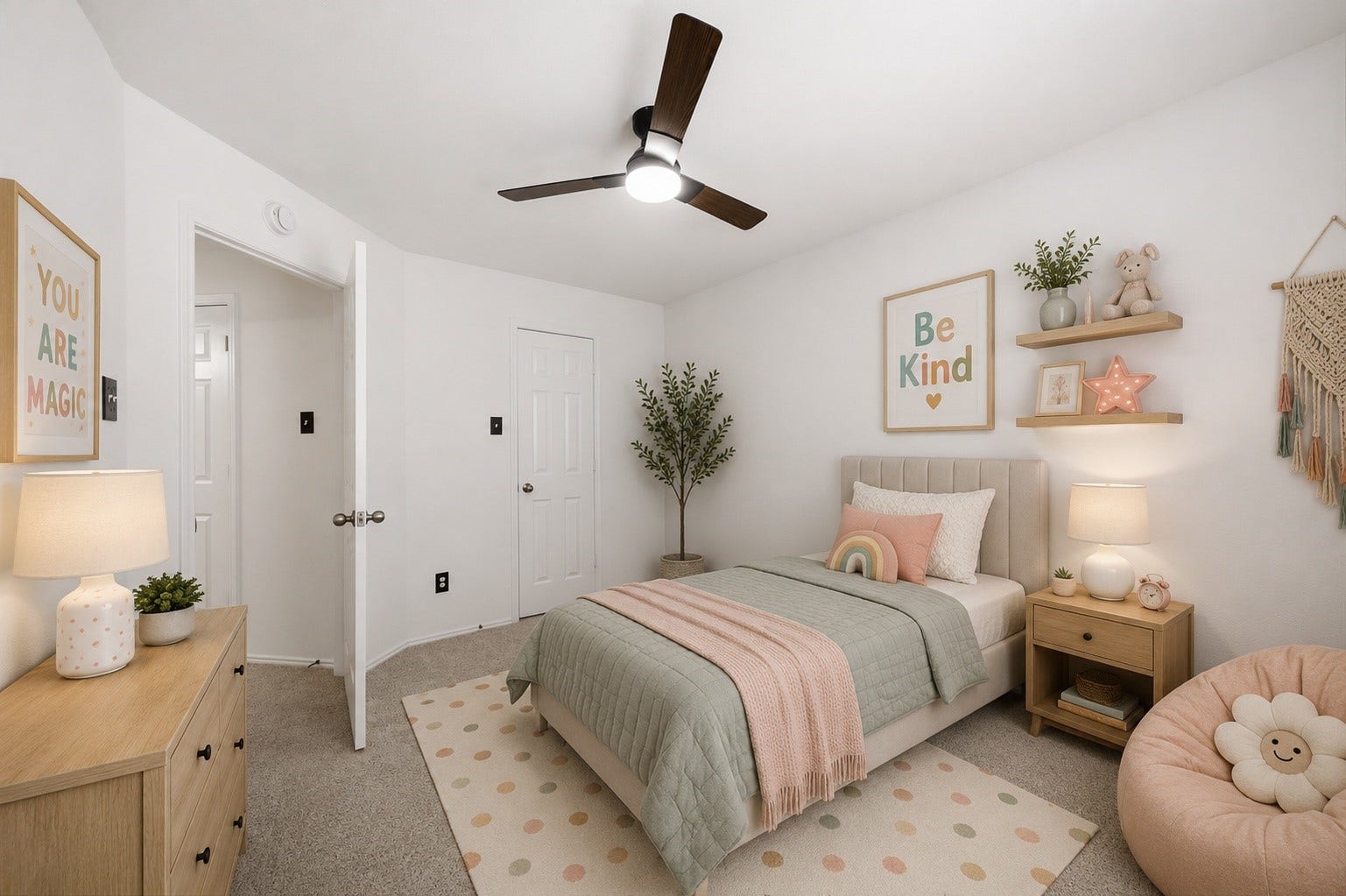15435 Kaston Drive, Cypress, TX 77433 Soft neutral carpet and a modern dark-blade ceiling fan complement the crisp white walls in this secondary bedroom. A standard closet door sits adjacent to the entry hallway, while the versatile layout allows ample room for furnishings. This photo has been virtually staged.