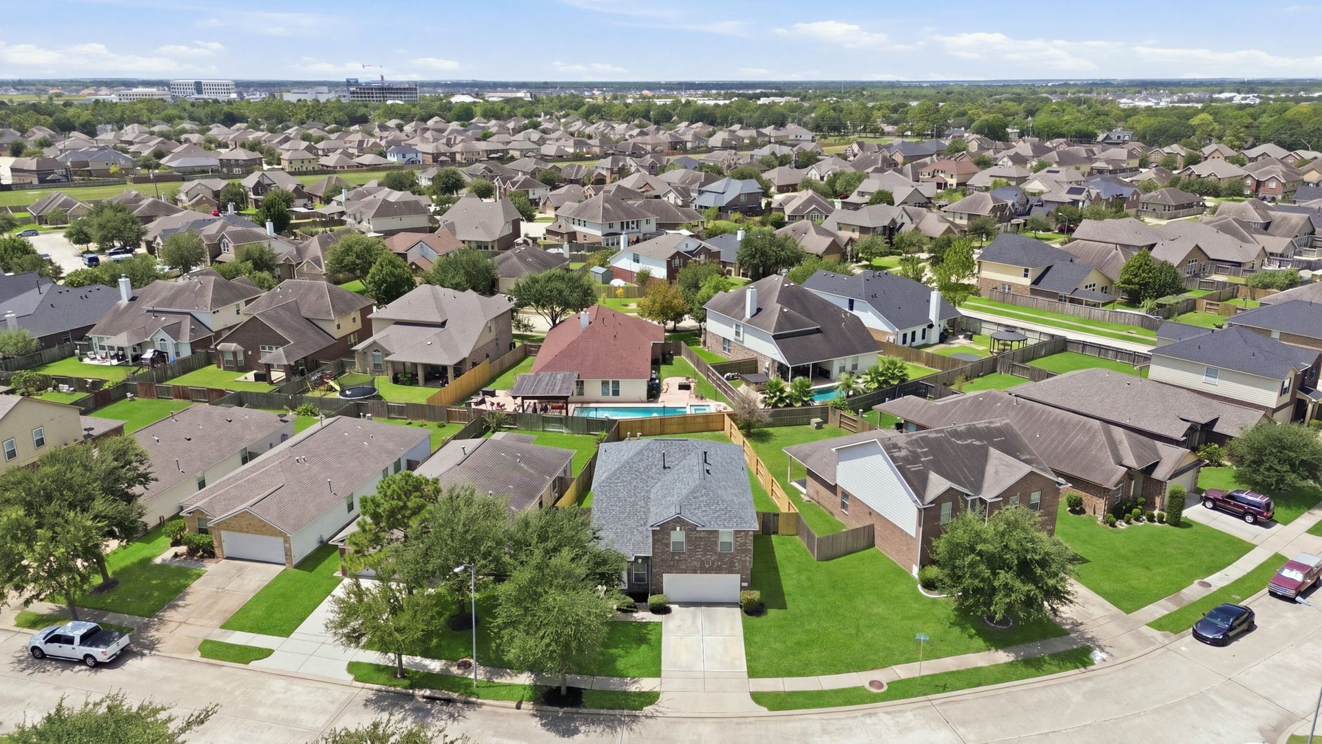 15435 Kaston Drive, Cypress, TX 77433 Aerial perspective highlights this two-story Cypress Landing residence on a spacious lot in a rapid growth area with quick access to 99.