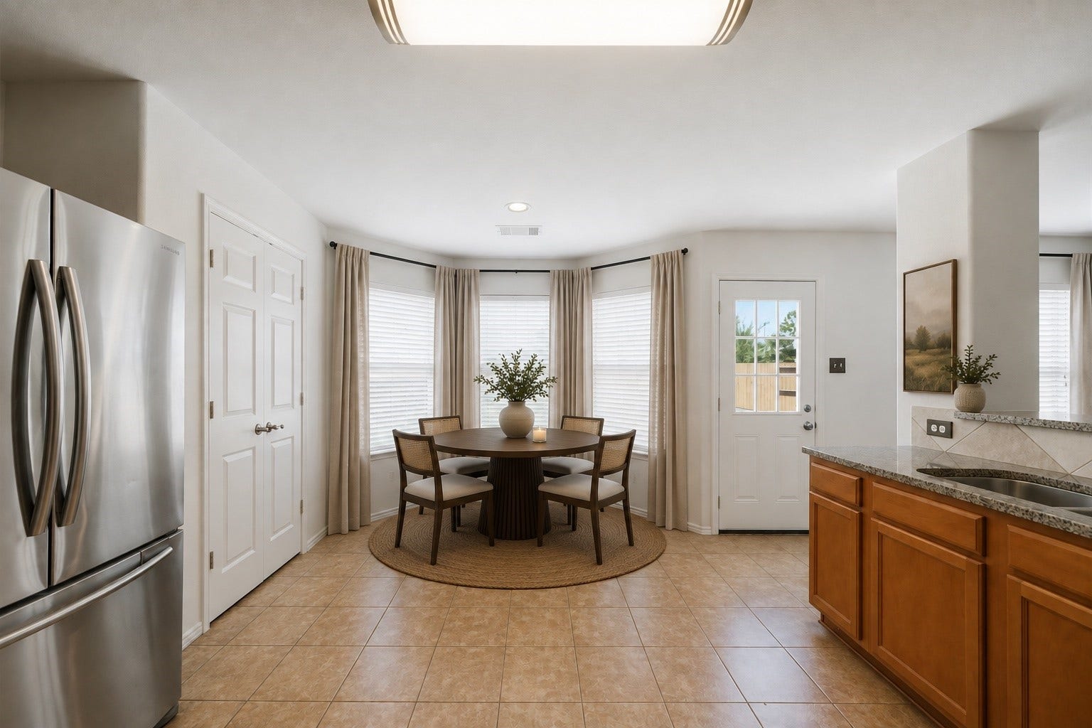 15435 Kaston Drive, Cypress, TX 77433 Bay windows surround this sunlit breakfast nook, creating an inviting space for casual meals with direct backyard access. Convenient proximity to the kitchen and pantry ensures effortless daily dining and storage. This photo has been virtually staged.