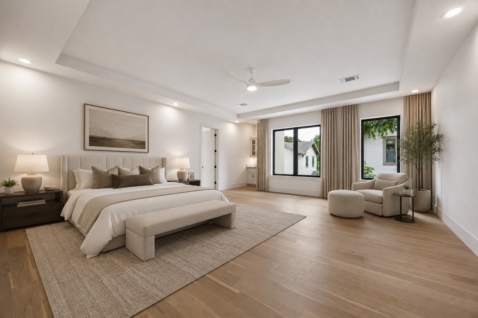 316 W 30th Street, Houston, TX 77018 Designed as a true retreat, the expansive primary suite pairs soaring tray ceilings with full height windows and natural light. A sitting area and direct connection to the spa inspired primary bath create a peaceful escape, complete with its own dedicated AC unit. A discreet flex space behind the suite is pre-wired for AV termination - ready as a media closet, hardwired security/camera room, or private gun room, if desired. **Virtually staged**