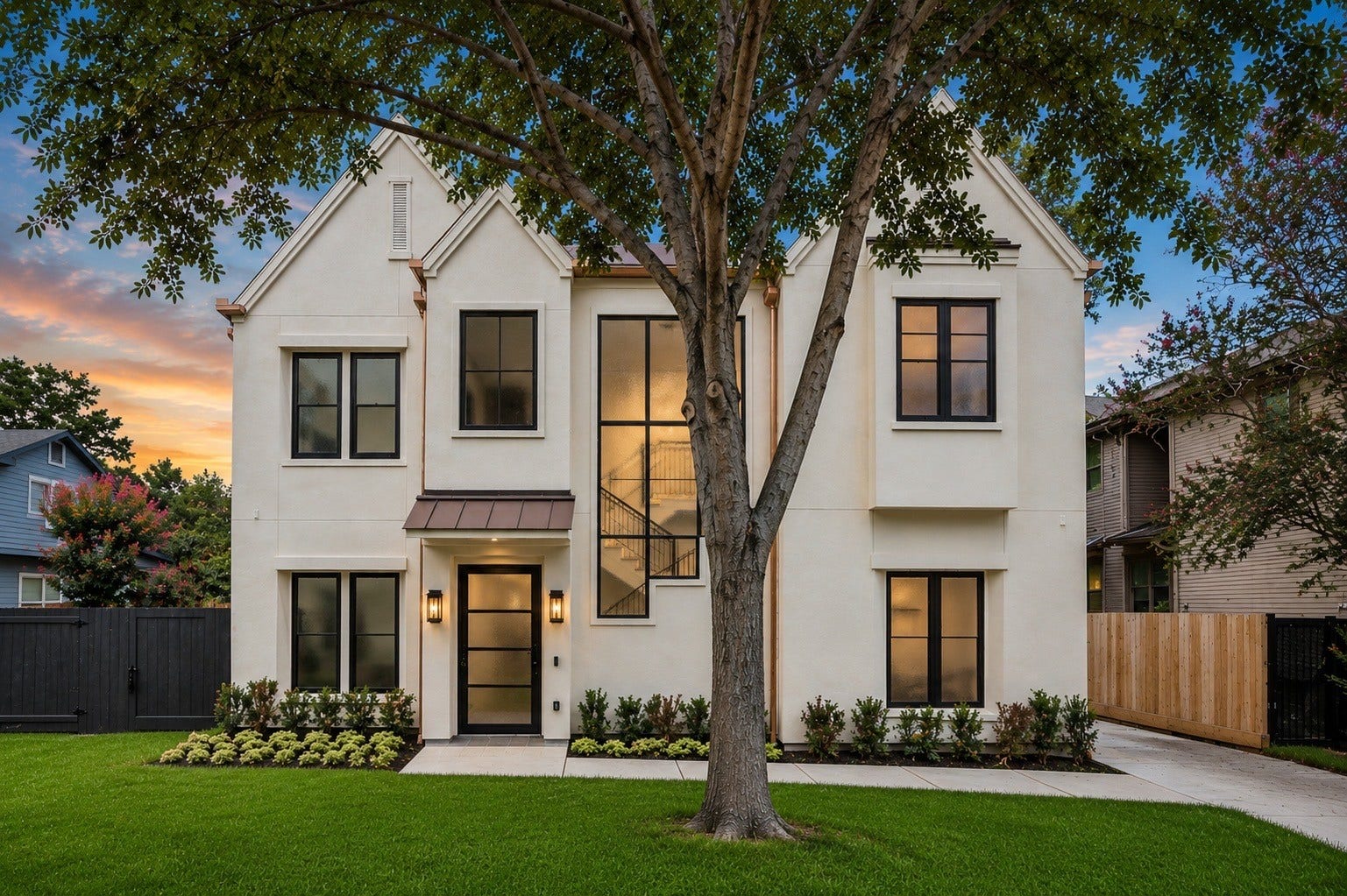 316 W 30th Street, Houston, TX 77018 Exceptional new construction in the heart of Garden Oaks, offering 5 bedrooms, 3 full and 2 half baths, and two large flex spaces (a study and a game room). A tasteful neutral palette with burgundy (fiery brown) and sable brown accents sets the tone, complemented by smooth finish stucco, wood accented porch ceilings, and durable Hardie detailing. The custom iron front door reflects the quality and craftsmanship found throughout this Tudor inspired home in one of Houstons most desirable neighborhoods.
