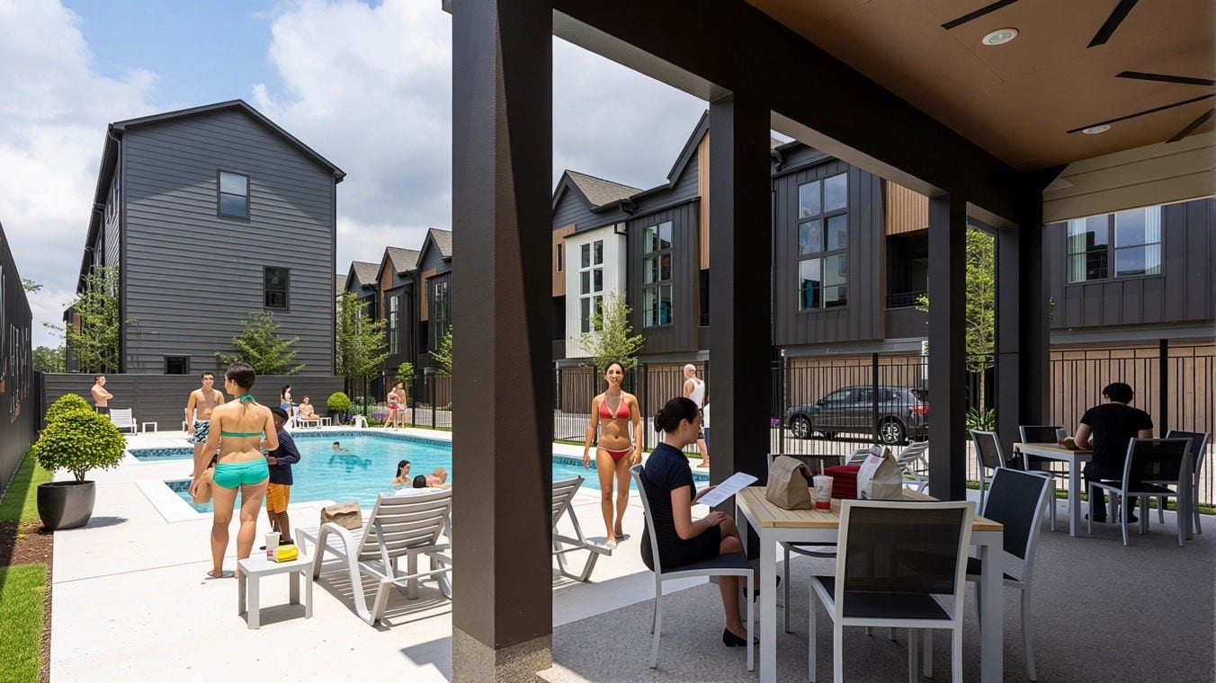 509 Hillwood Heights Drive, Houston, TX 77091 Enjoy resort-style living with a beautiful community pool, surrounded by modern townhomes and a spacious patio perfect for relaxation and social gatherings.