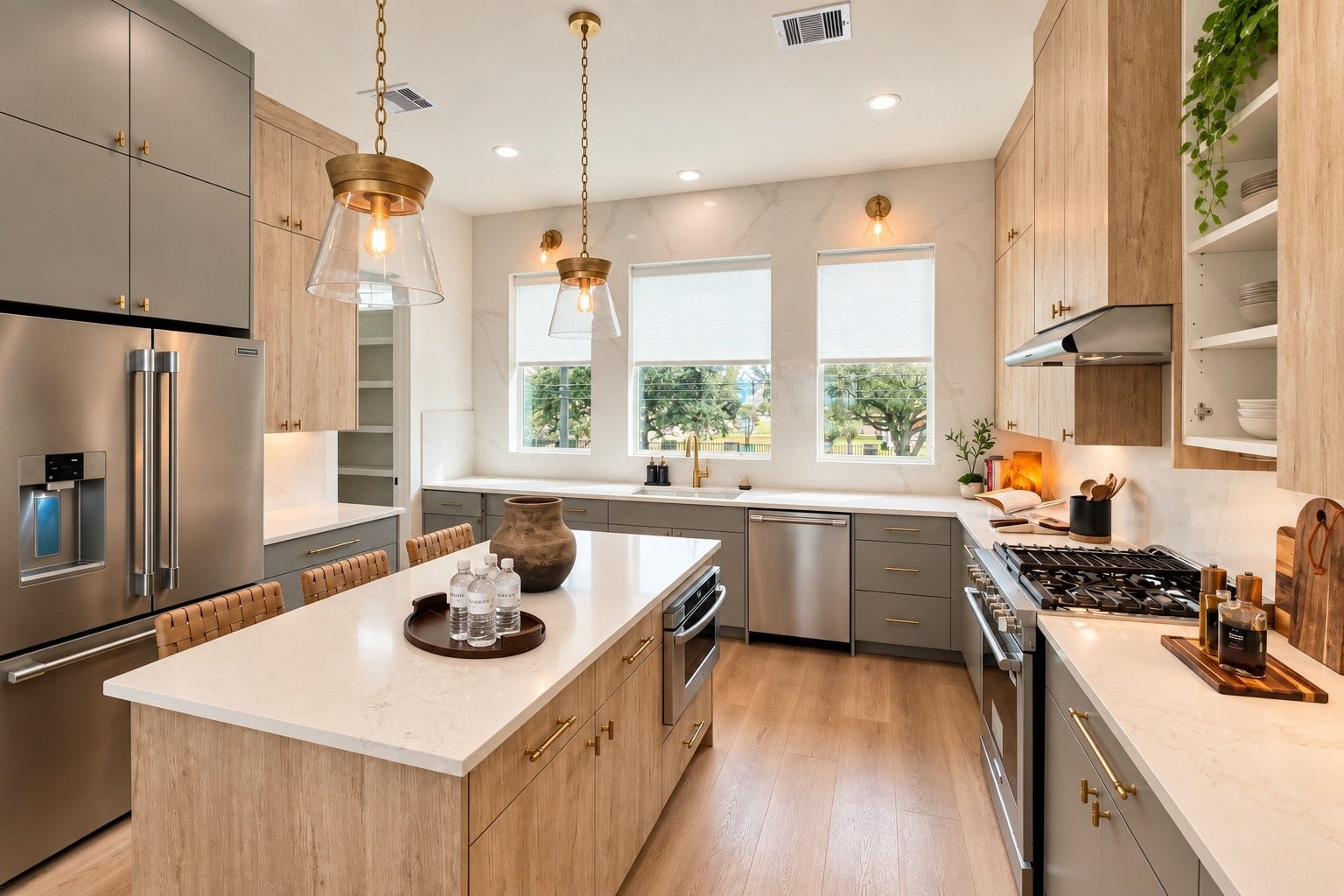 509 Hillwood Heights Drive, Houston, TX 77091 Modern kitchen featuring sleek stainless steel appliances, elegant pendant lighting, and a spacious island with seating.