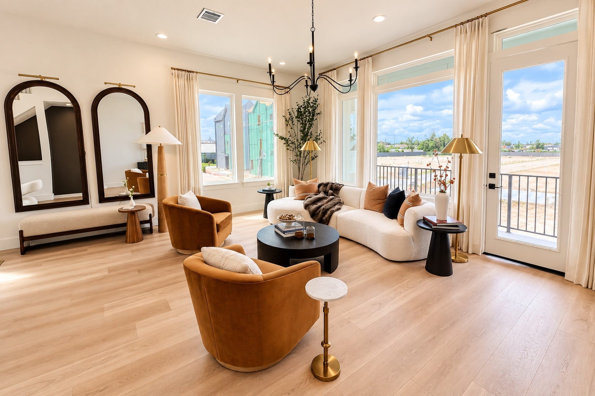 509 Hillwood Heights Drive, Houston, TX 77091 Bright and inviting living room with expansive windows, elegant wood flooring, and stylish furnishings, offering a perfect blend of comfort and sophistication.