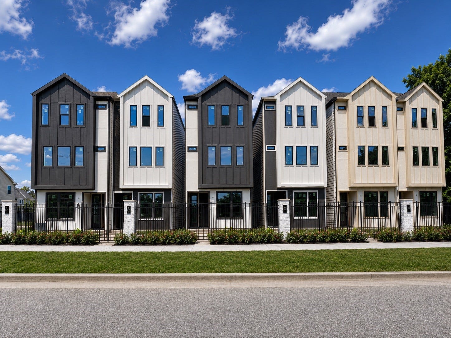 509 Hillwood Heights Drive, Houston, TX 77091 Modern townhomes with striking black and white facades, featuring large windows and a sleek, contemporary design, set against a clear blue sky.