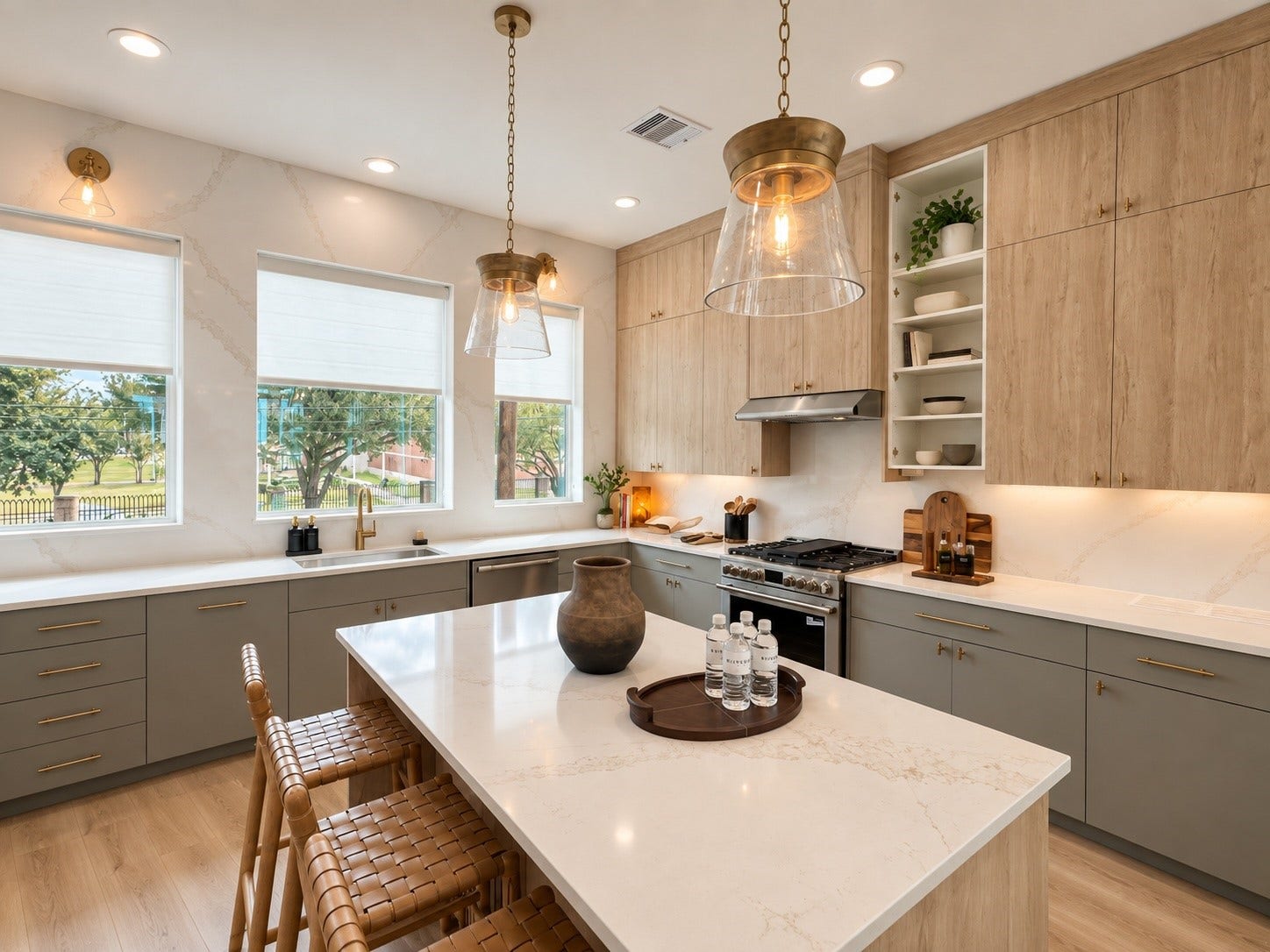 509 Hillwood Heights Drive, Houston, TX 77091 This modern kitchen boasts a large island with elegant marble countertops, stylish pendant lighting, and ample cabinetry with a warm wood finish, creating a perfect space for cooking and entertaining.