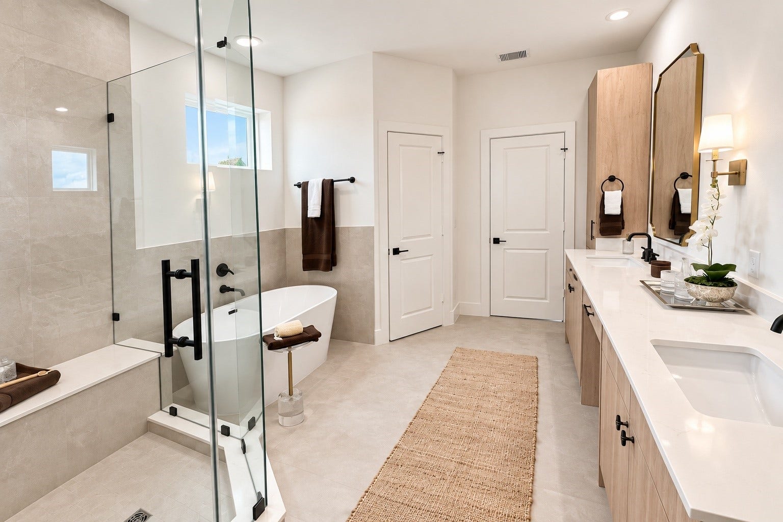 509 Hillwood Heights Drive, Houston, TX 77091 Elegant bathroom featuring a spacious walk-in shower, a luxurious freestanding tub, dual vanities with ample storage, and a serene, neutral palette.