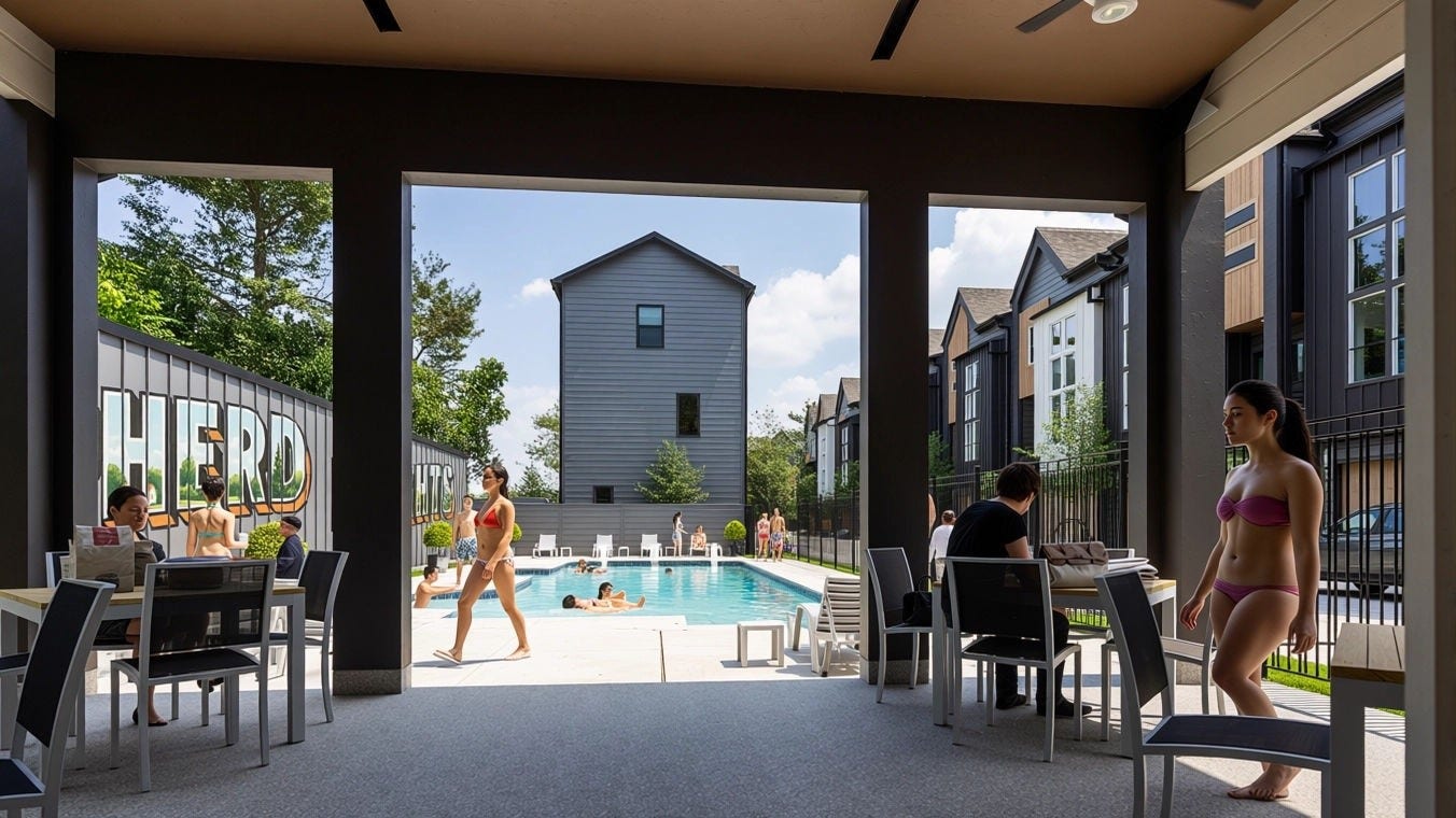 509 Hillwood Heights Drive, Houston, TX 77091 Enjoy a vibrant community atmosphere with a spacious pool area, perfect for relaxation and social gatherings, surrounded by modern townhomes.