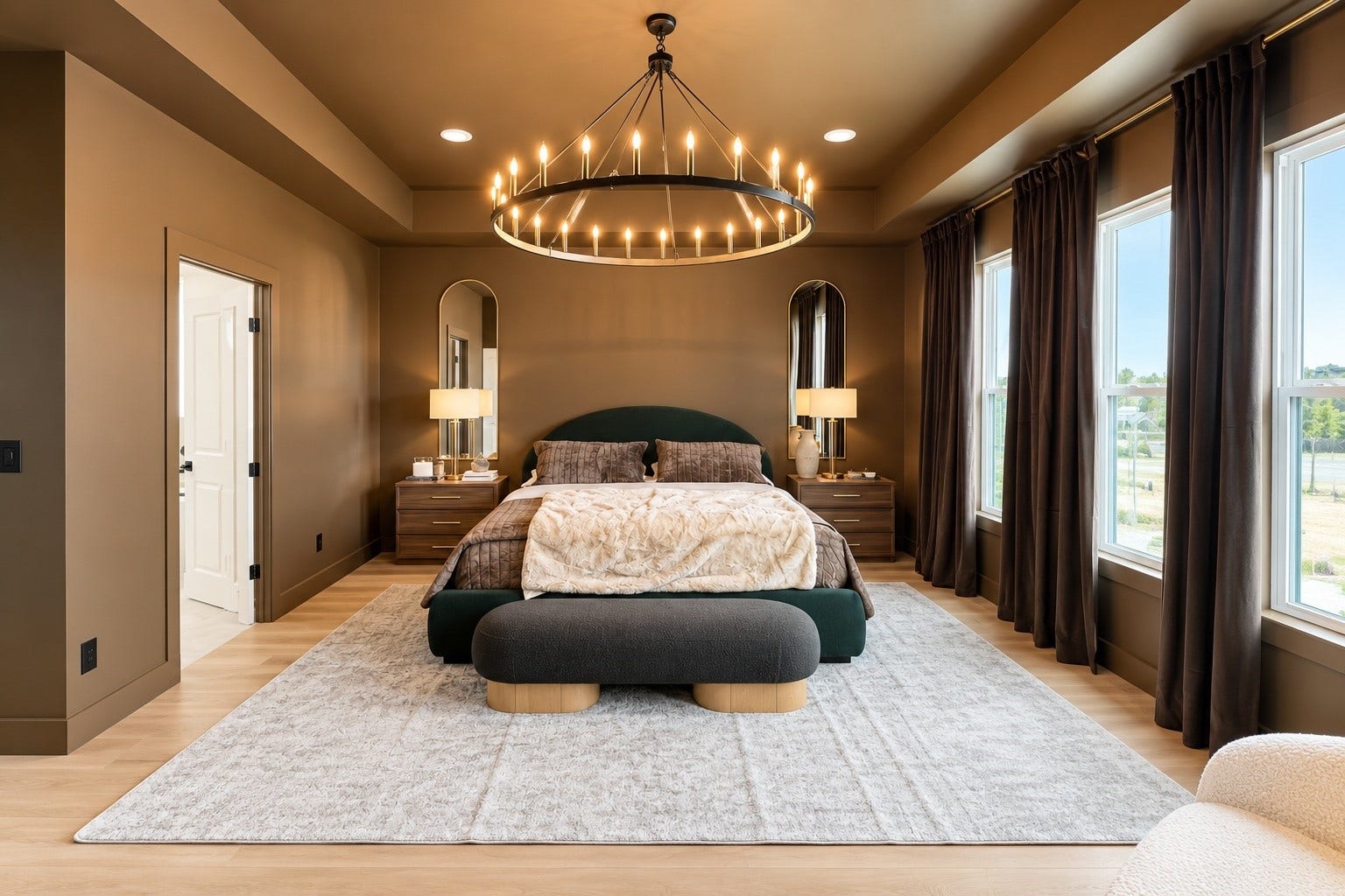 509 Hillwood Heights Drive, Houston, TX 77091 Luxurious bedroom featuring a modern chandelier, large windows with elegant drapes, and a cozy bed with plush bedding, creating a warm and inviting atmosphere.