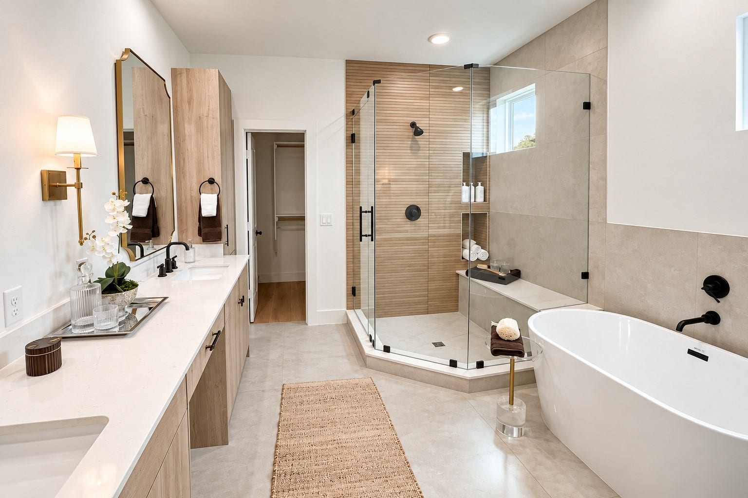 509 Hillwood Heights Drive, Houston, TX 77091 Luxurious bathroom featuring a spacious glass-enclosed shower, elegant freestanding tub, and dual vanity with modern fixtures, creating a serene retreat.