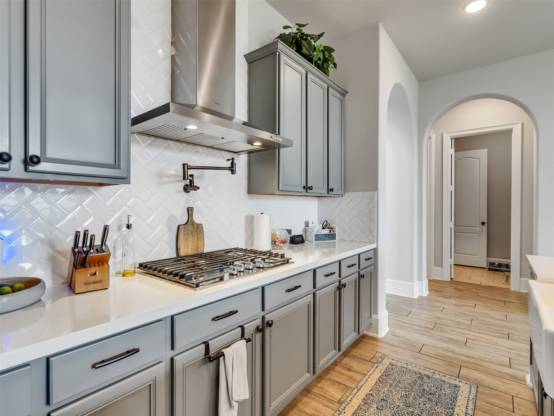 10302 Muir Peak Drive, Rosharon, TX 77583 Stylish backsplash and gas cooktop with adjacent pot-filler faucet.