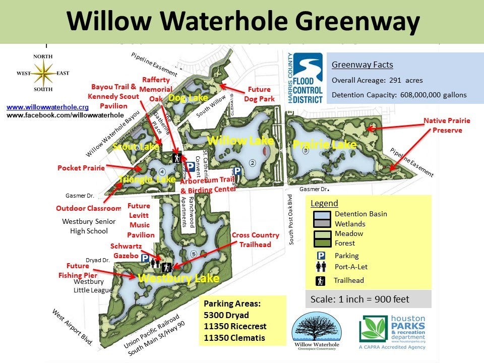 11227 Greenwillow Street, Houston, TX 77035 Willow Waterhole has 5 Lakes with surrounding trails. Prairie Lake is the closets one to the Willowbend area. It is located in the back of the neighborhood.