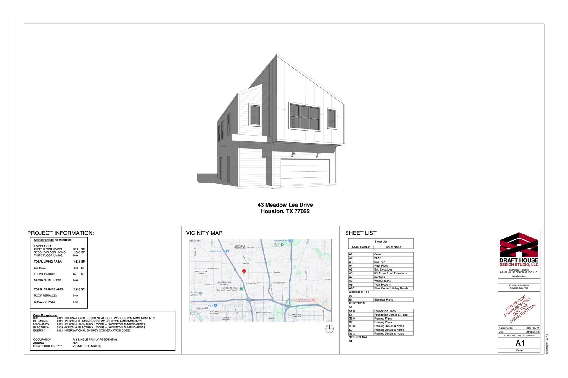 43 Meadow Lea Drive, Houston, TX 77022 Architectural plans prepared by Ben Navo of Drafthouse, with permits approved by the City of Houston.