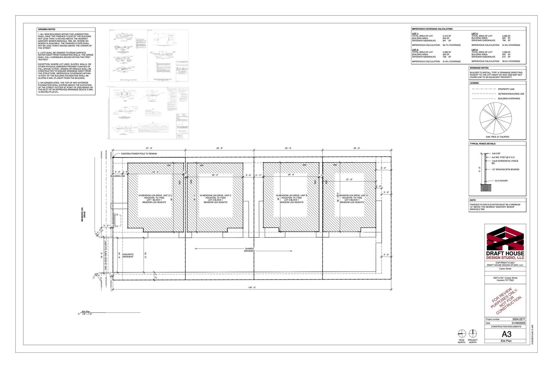 43 Meadow Lea Drive, Houston, TX 77022 Proposed layout illustrating four residential homes thoughtfully positioned with a shared driveway for access.