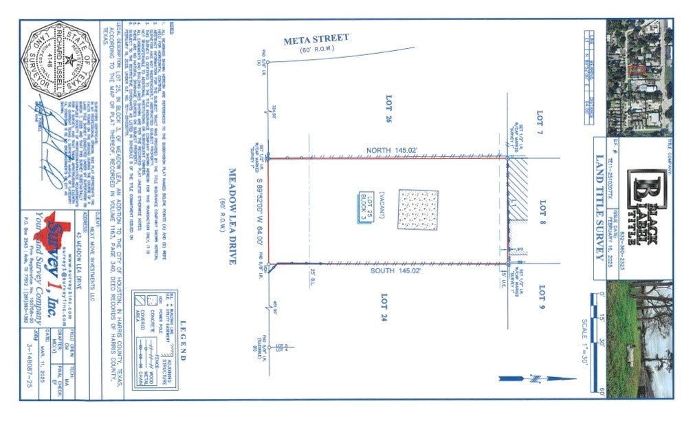 43 Meadow Lea Drive, Houston, TX 77022 Property survey dated February 16, 2025, showing lot dimensions and property boundaries. Buyer to independently verify all information.