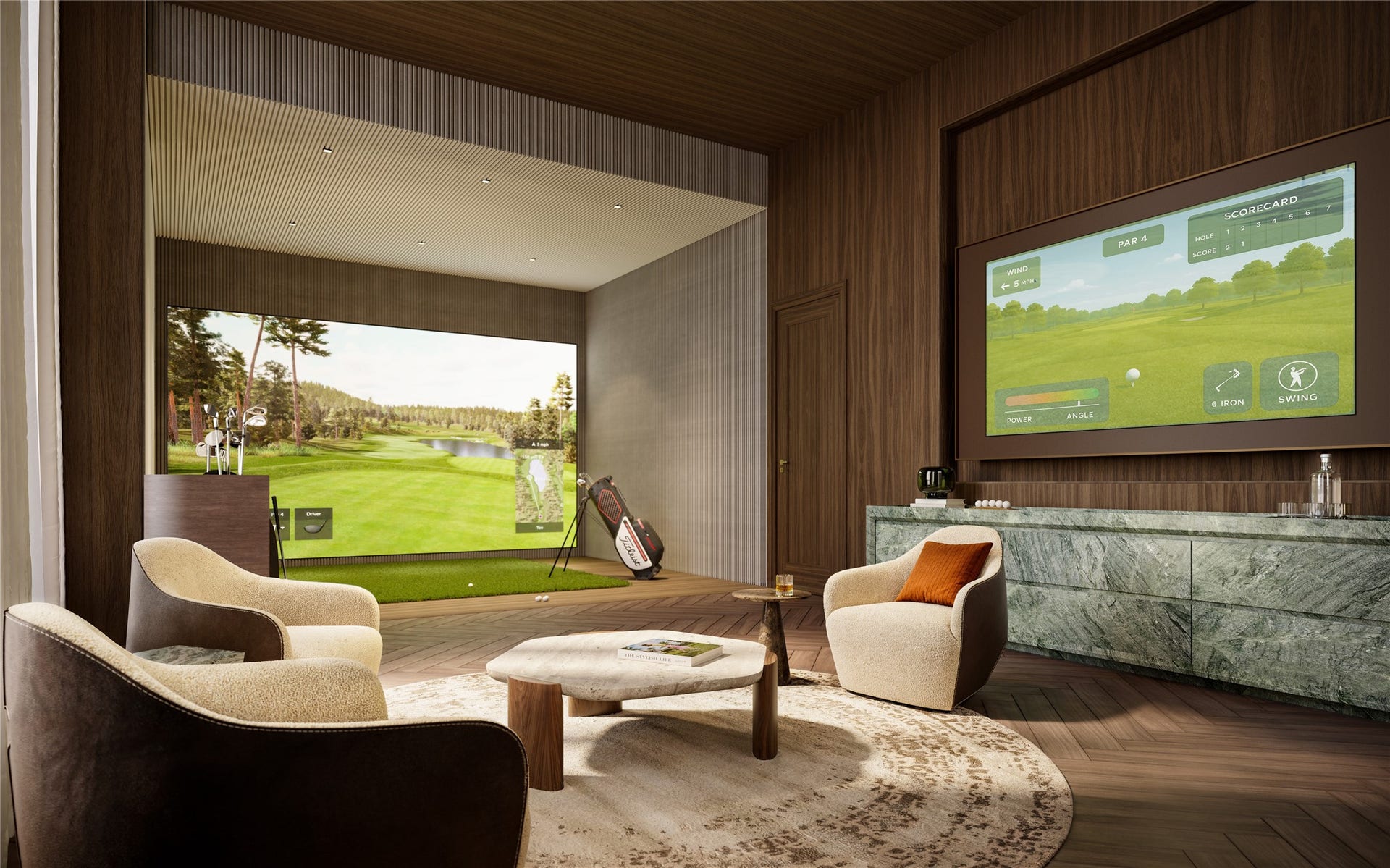 2120 Post Oak Blvd Boulevard, #20A, Houston, TX 77056 Private golf simulator suite on the 18th floor featuring a wet bar for enjoying beverages, along with an elegant lounge space designed for entertaining.