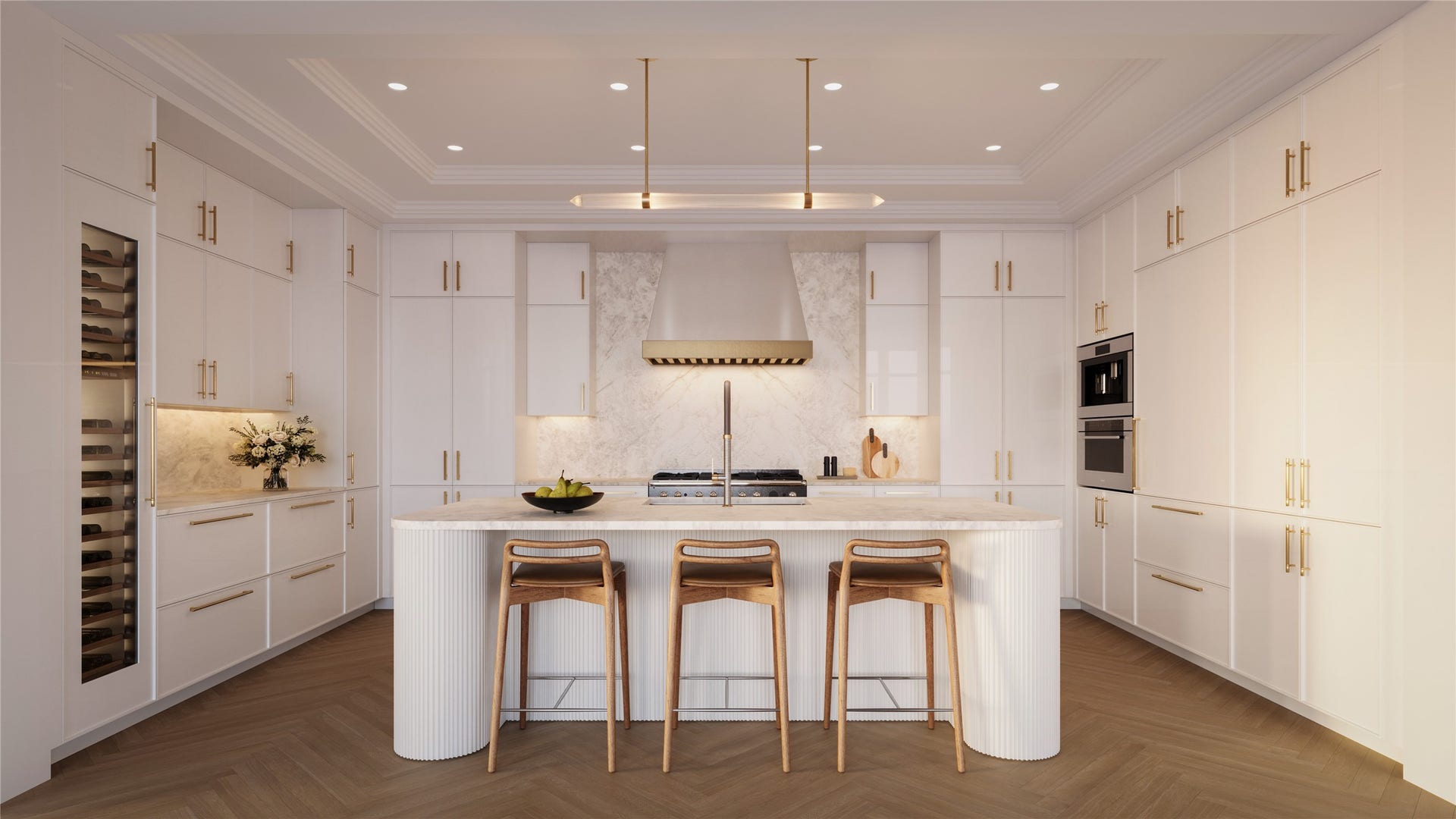 2120 Post Oak Blvd Boulevard, #20A, Houston, TX 77056 Thoughtfully designed kitchen featuring custom cabinetry offered in three refined color palettes, with soft-close functionality throughout. Illuminated drawers with integrated dividers provide exceptional organization, while a discreet paneled door reveals a secondary pantry with additional refrigerator and storage.