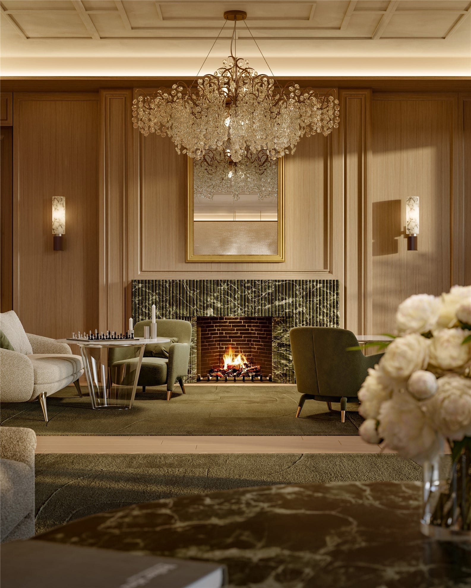 2120 Post Oak Blvd Boulevard, #20A, Houston, TX 77056 The grand lounge, featuring a striking fireplace and a fully equipped kitchen ideal for hosting events and private gatherings. The level also includes two meeting rooms and a conference room to accommodate business needs, along with a terrace off the lounge offering exceptional city views.