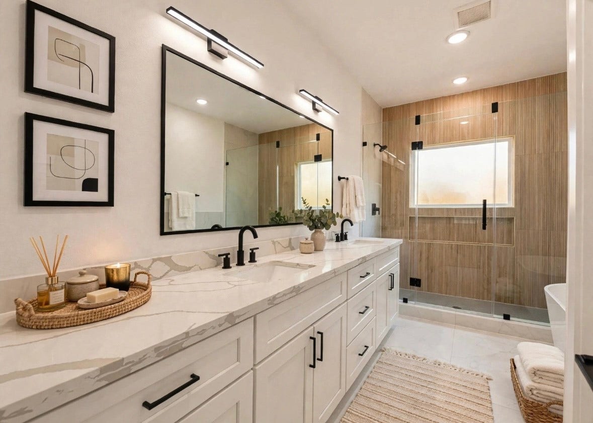 4804 Elysian St, #A/B, Houston, TX 77009 Luxurious bathroom featuring stylish accent walls in the shower and a sleek shower-tub combination. A designated vanity space adds extra functionality, while modern finishes and thoughtful details create a beautiful, spa-like feel.
