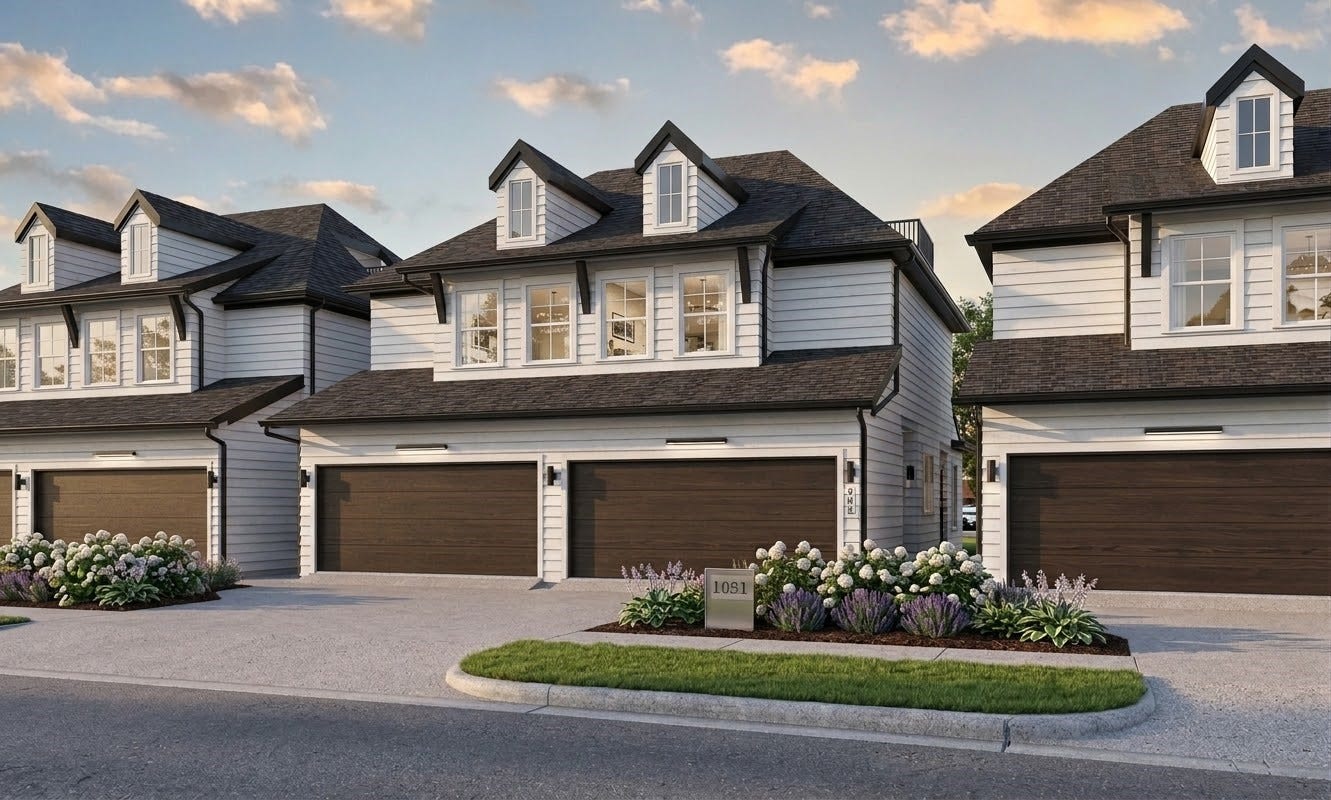 2 car garages with private driveways with chic urban farmhouse architecture