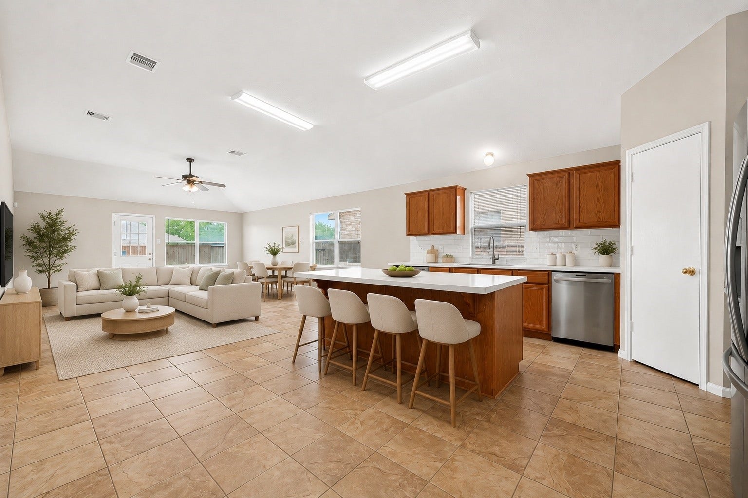 1434 Monterra Point, Fresno, TX 77545 A beautiful open floor plan of the kitchen and living room. Offers ceramic tile and ample space *Virtually Staged*