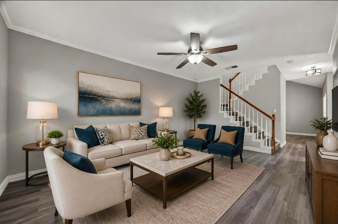 2034 Glencove Drive, Seabrook, TX 77586 Bright, open living room with soaring ceilings Virtually staged