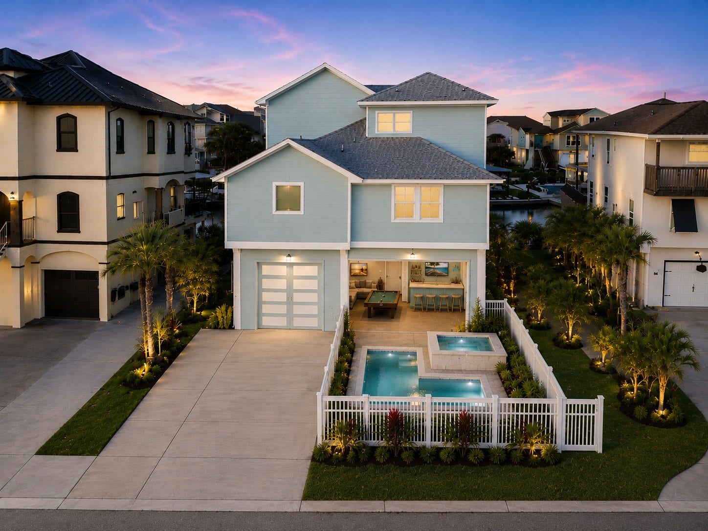 438 Amanda Circle, Tiki Island, TX 77554 Imagine the possibilities for waterfront living, with an inviting pool and patio creating a private place to cool off, relax, and entertain beside the canal. This image is virtually staged.