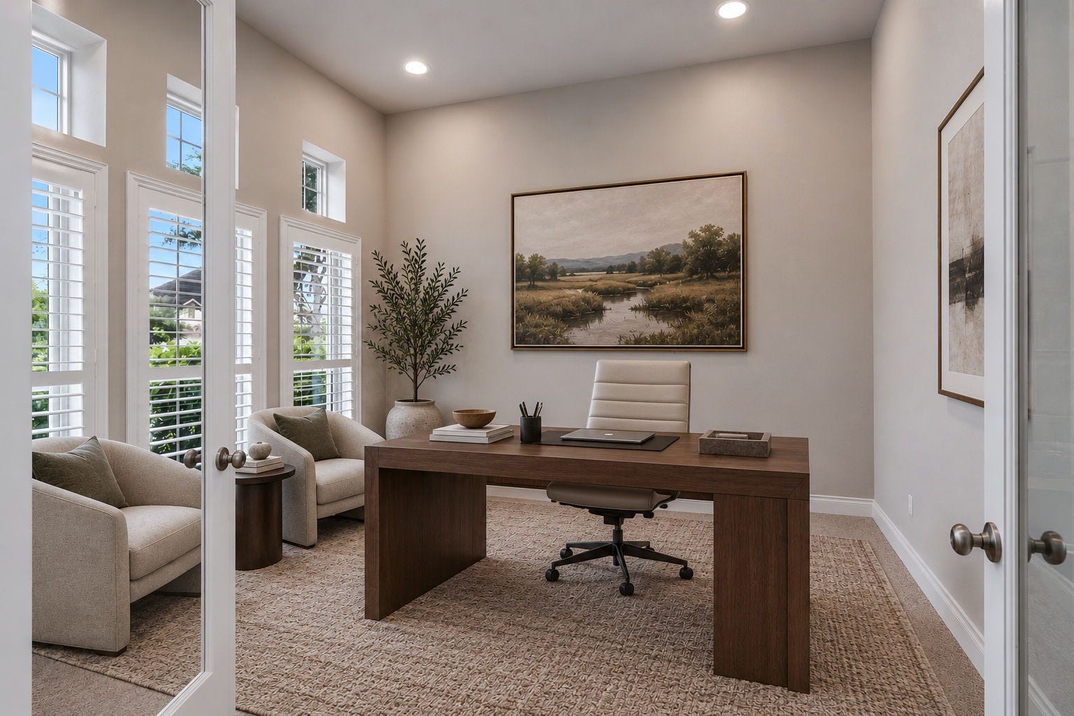 2315 Calm Channel Court, Missouri City, TX 77459 A private library with French doors and a 12-foot ceiling welcomes you at the entry. Digitally staged.