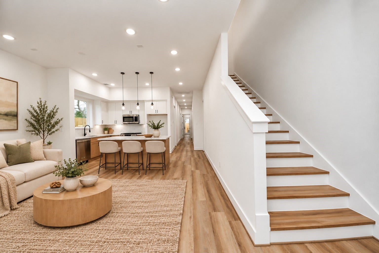 Virtually staged first-floor living area featuring an open-concept layout, modern kitchen, and staircase leading to the second floor.