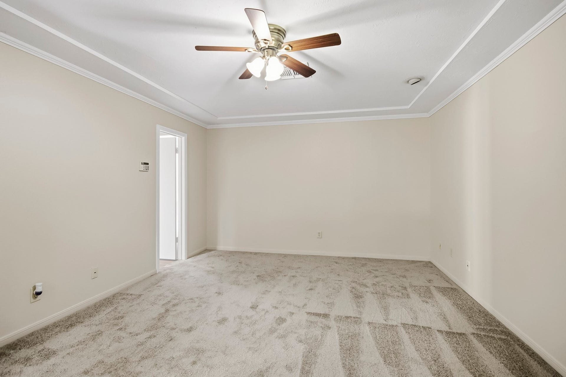 8807 Lakeside Forest Drive, Houston, TX 77088 Spacious primary bedroom featuring a tray ceiling, crown molding, and ceiling fan. Brand new carpet!