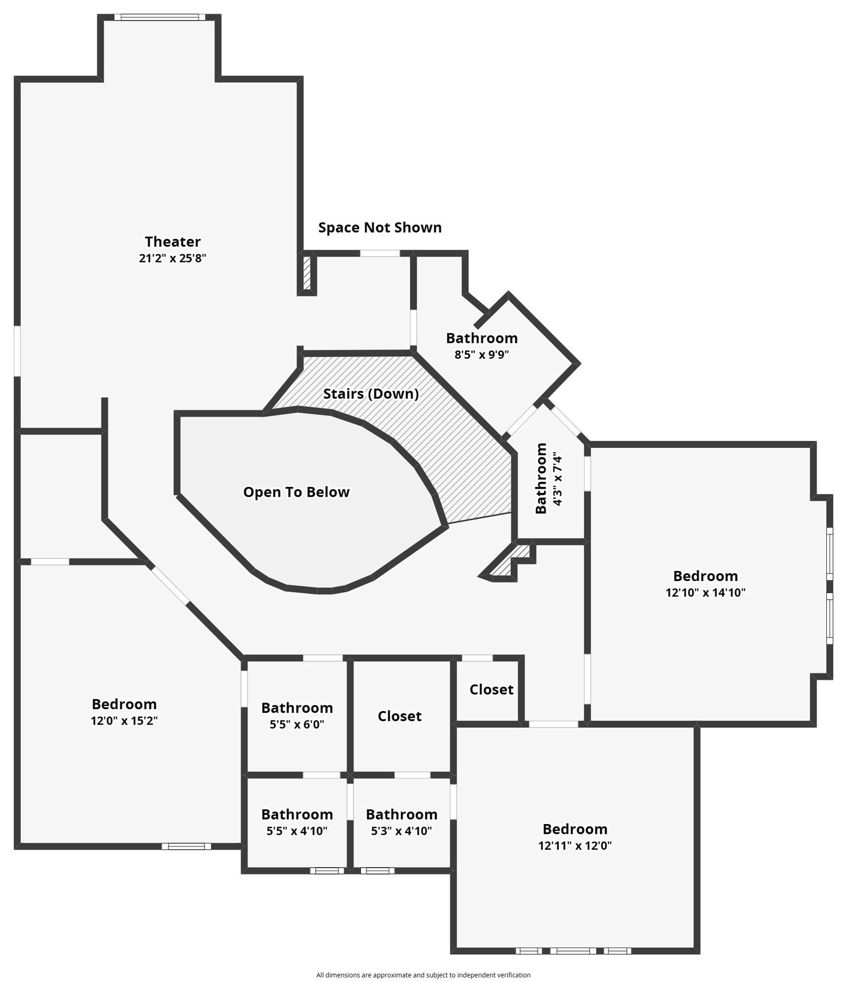 27706 Braydon Court, Spring, TX 77386 Spacious upper floor plan featuring a theater room, three bedrooms, and multiple bathrooms, with an open area overlooking the level below.