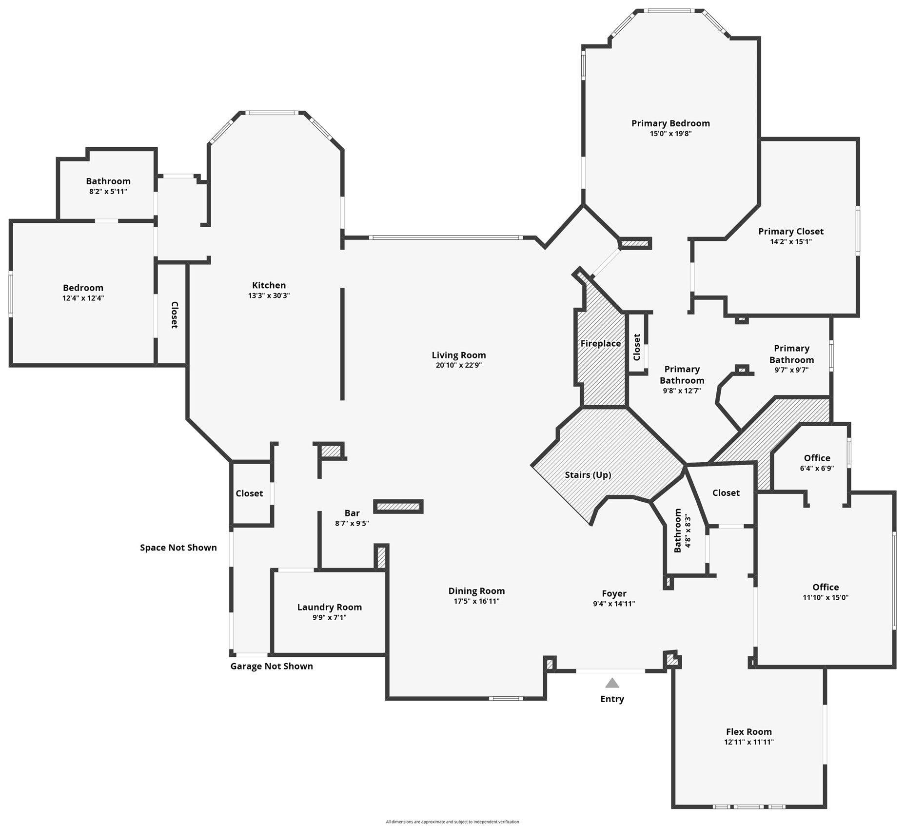 27706 Braydon Court, Spring, TX 77386 Spacious floor plan featuring a grand living room, a large kitchen, and a primary suite with an expansive closet and bathroom. Additional highlights include a dining room, two offices, a flex room, and a cozy bar area.