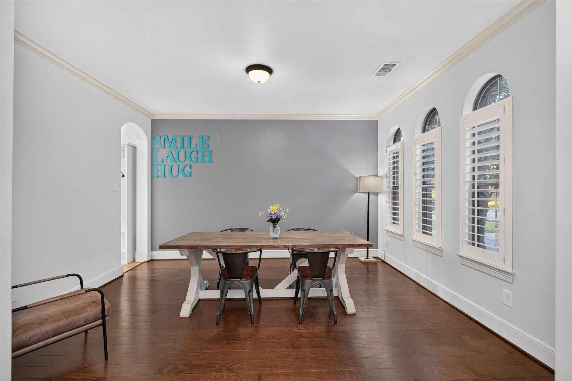 2806 Texas Laurel Drive, Katy, TX 77494 The dining room leads through to the kitchen and boast wood floors, crown molding and plantation shutters