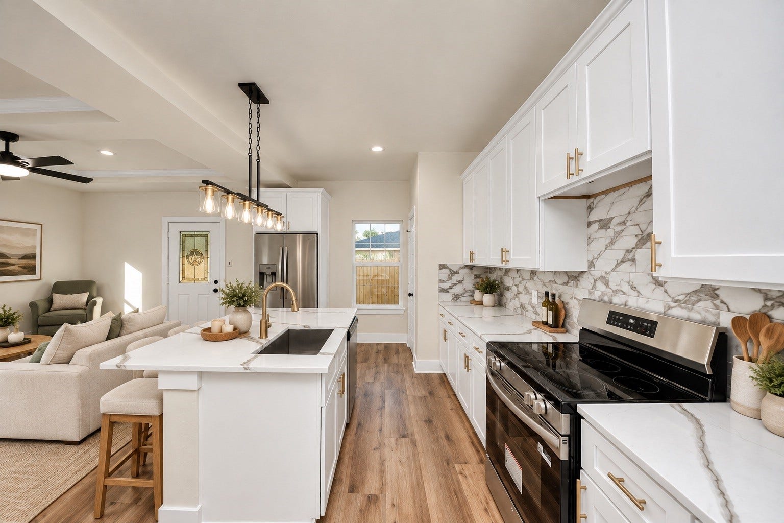6673 Nielan Street, Houston, TX 77028 Spacious kitchen featuring a large center island with undermount sink, modern fixtures, soft-close cabinets & drawers, and an open layout overlooking the main living area | Virtually staged