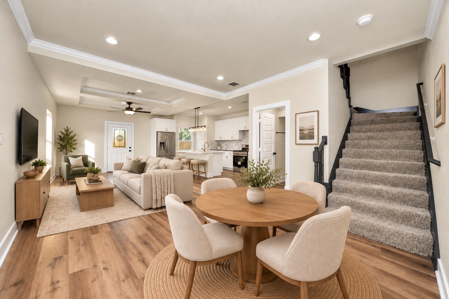 6673 Nielan Street, Houston, TX 77028 Open-concept first floor featuring 9-ft ceilings, durable LVP flooring, crown molding, oversized baseboards & a spacious dining area with easy access to the kitchen | Virtually staged