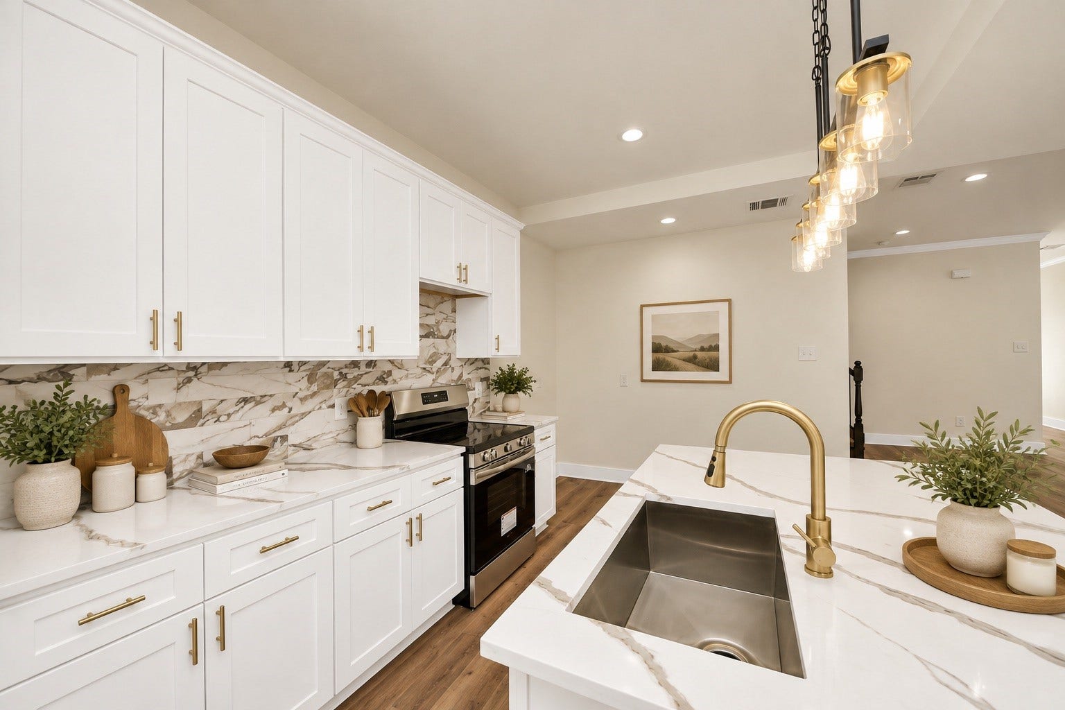 6673 Nielan Street, Houston, TX 77028 Detailed view showcasing white cabinetry with sleek modern hardware pulls, decorative tile backsplash, quartz countertops, stainless steel appliances & ample cabinet storage.