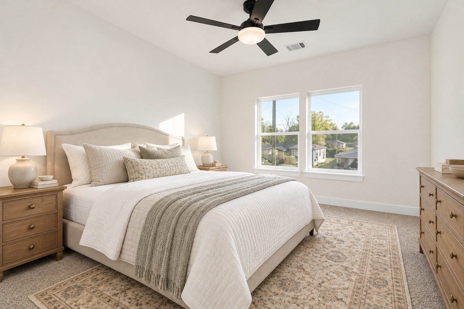 6673 Nielan Street, Houston, TX 77028 Another generously sized upstairs bedroom featuring plush carpeting, ceiling fan, large windows & a versatile layout with plenty of room for bedroom furniture | Virtually staged