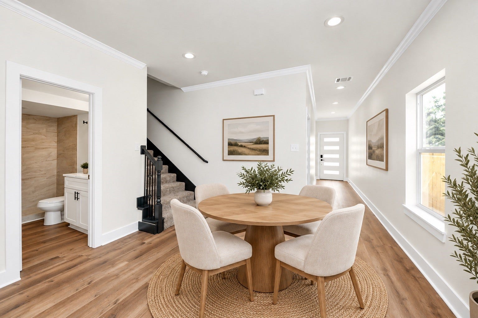 6673 Nielan Street, Houston, TX 77028 Dedicated dining area featuring recessed lighting, LVP flooring, natural light & convenient access to the kitchen, staircase & downstairs full bathroom | Virtually staged