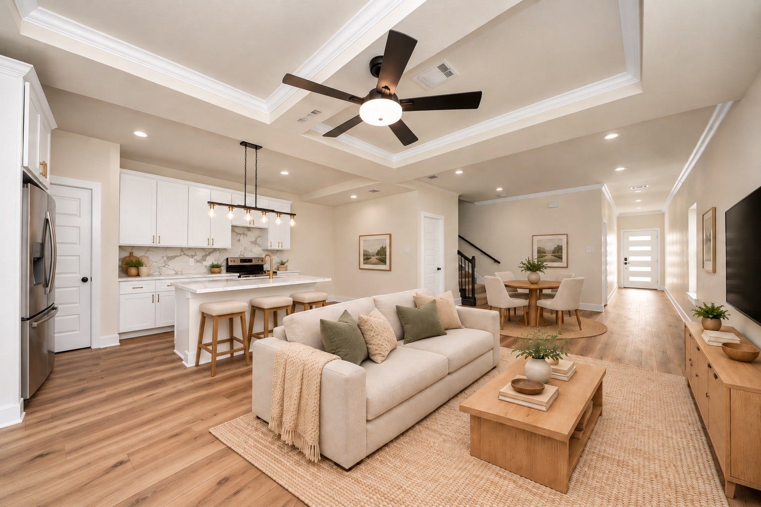 6673 Nielan Street, Houston, TX 77028 Another view of the spacious living area highlighting the beautiful flooring, crown molding, tray ceilings & seamless connection between the kitchen, dining & living spaces | Virtually staged