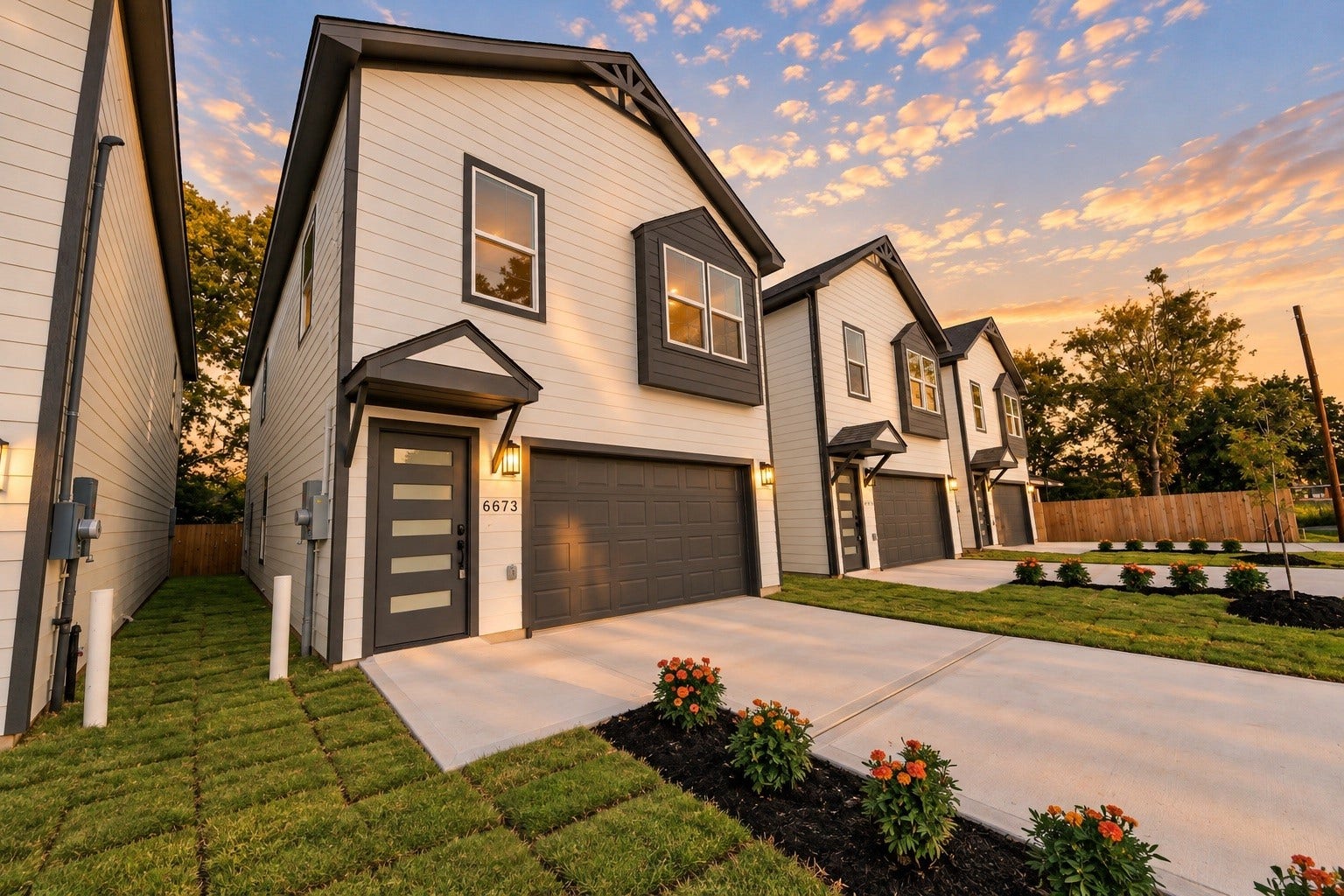 6673 Nielan Street, Houston, TX 77028 Beautiful front elevation showcasing the home's modern design, decorative exterior accents, covered entry, contemporary front door & spacious 2-car garage.
