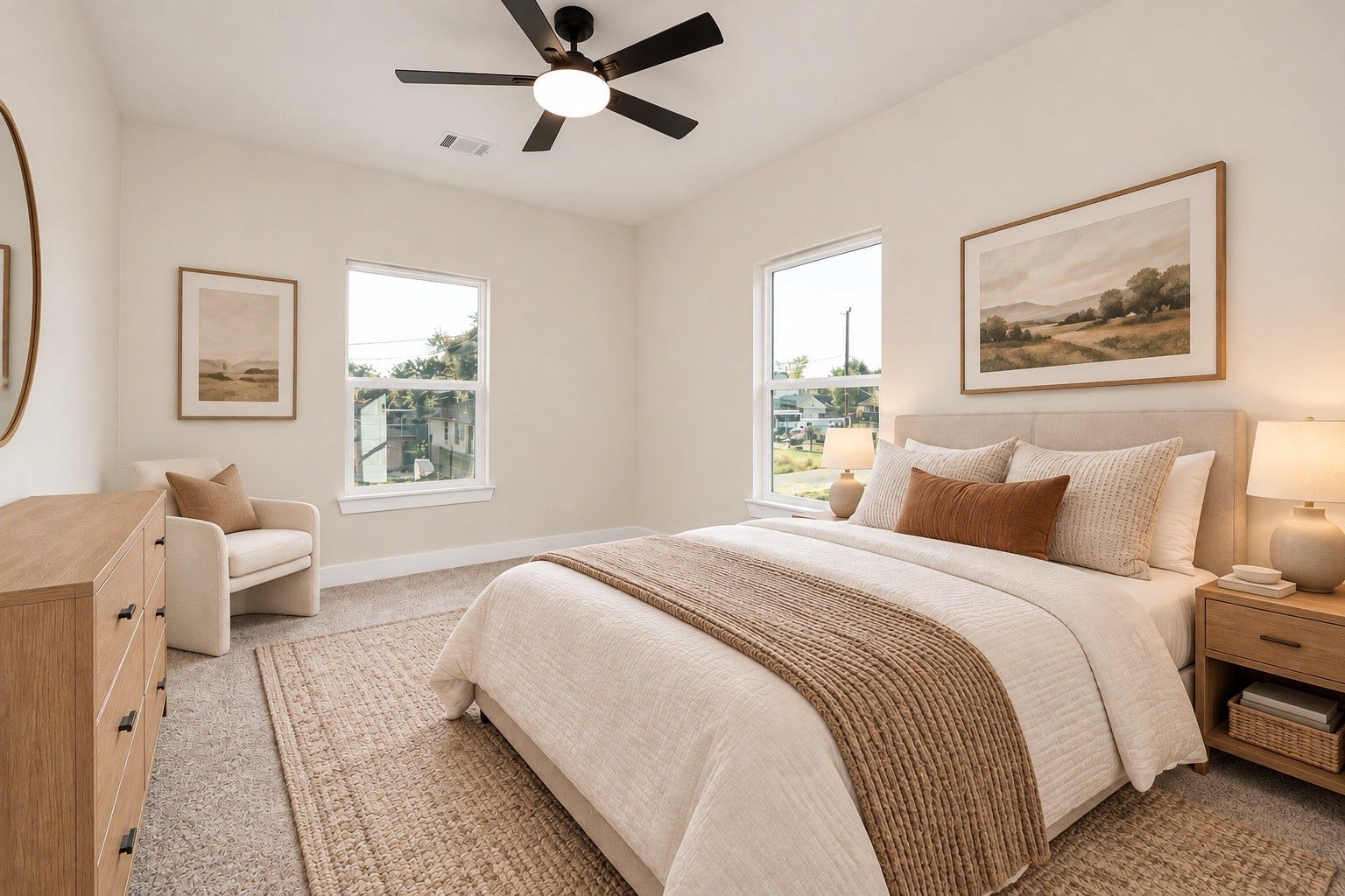 6673 Nielan Street, Houston, TX 77028 Bright & spacious secondary bedroom featuring plush carpeting, ceiling fan, neutral finishes & multiple windows allowing abundant natural light | Virtually staged