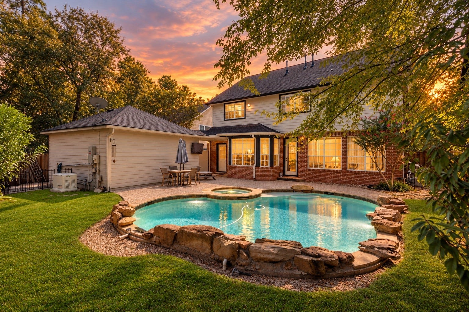 6 N Cochrans Green Circle, The Woodlands, TX 77381 An inviting backyard designed for enjoying the best of Texas outdoor living, featuring a sparkling pool and spa, mature trees, and plenty of space to relax, entertain, and unwind in the sunshine.